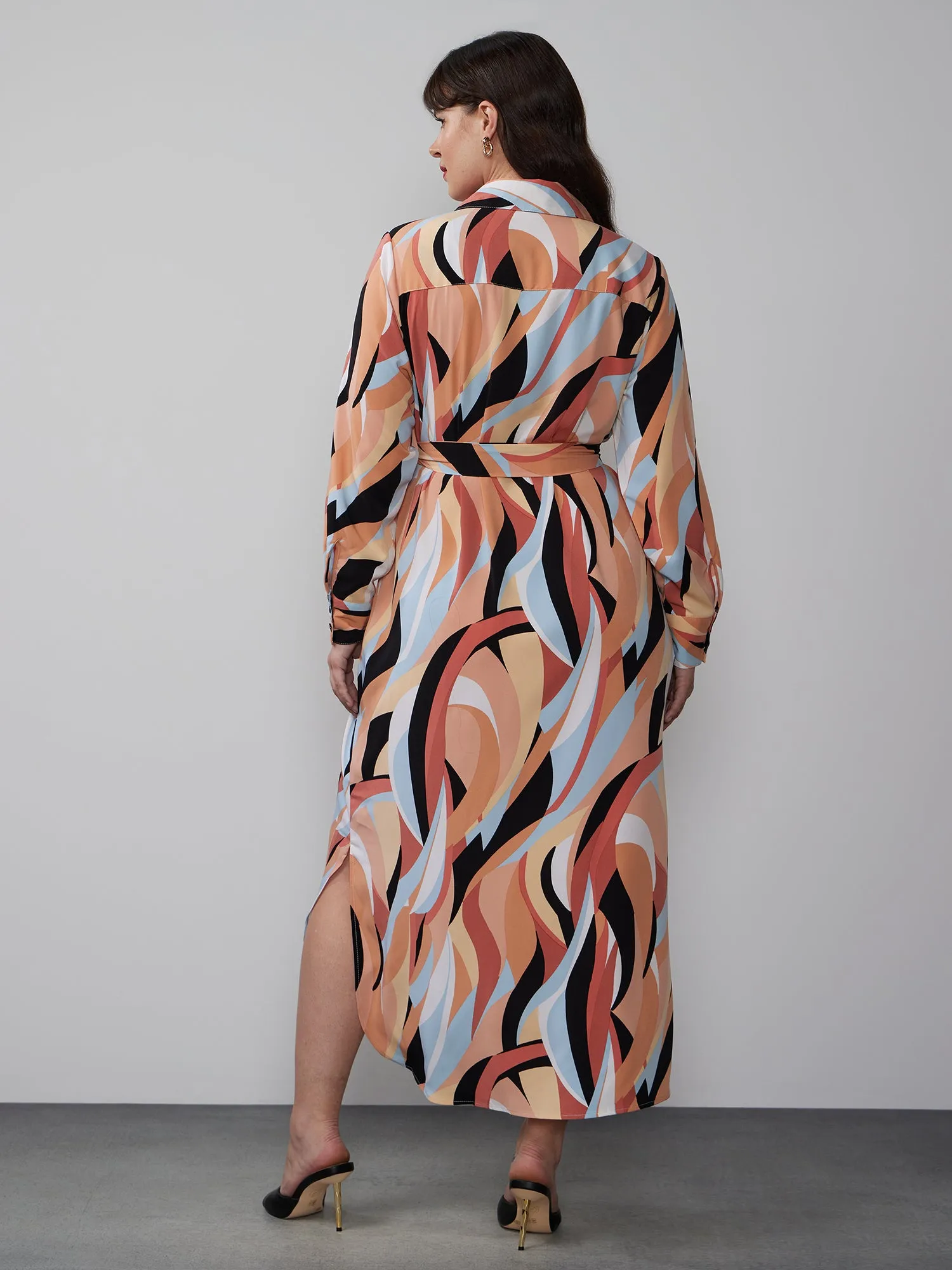 Plus Watercolor Belted Shirt Dress