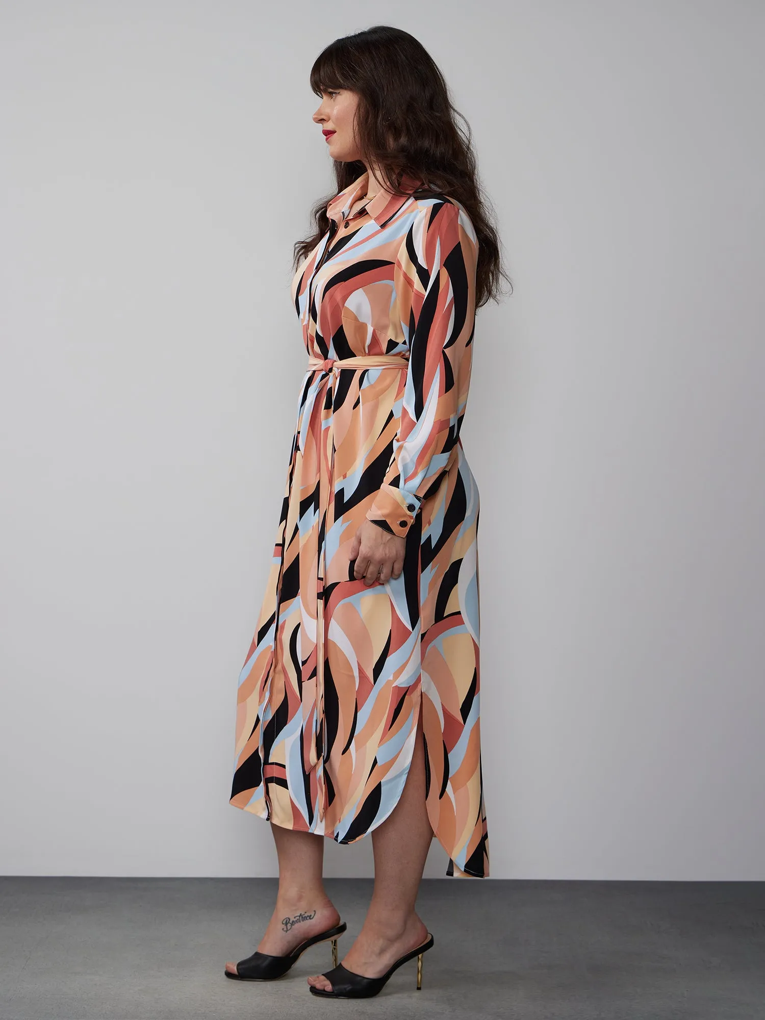 Plus Watercolor Belted Shirt Dress