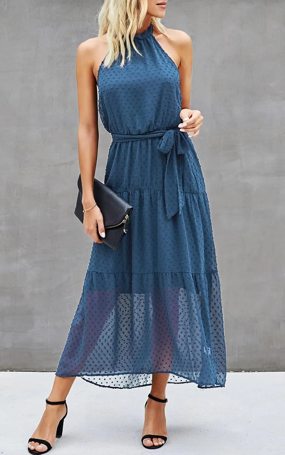 PRETTYGARDEN Womens Halter Neck Floral Long Maxi Dress Casual Sleeveless Backless Dresses Loose Ruffle Sundress with Belt