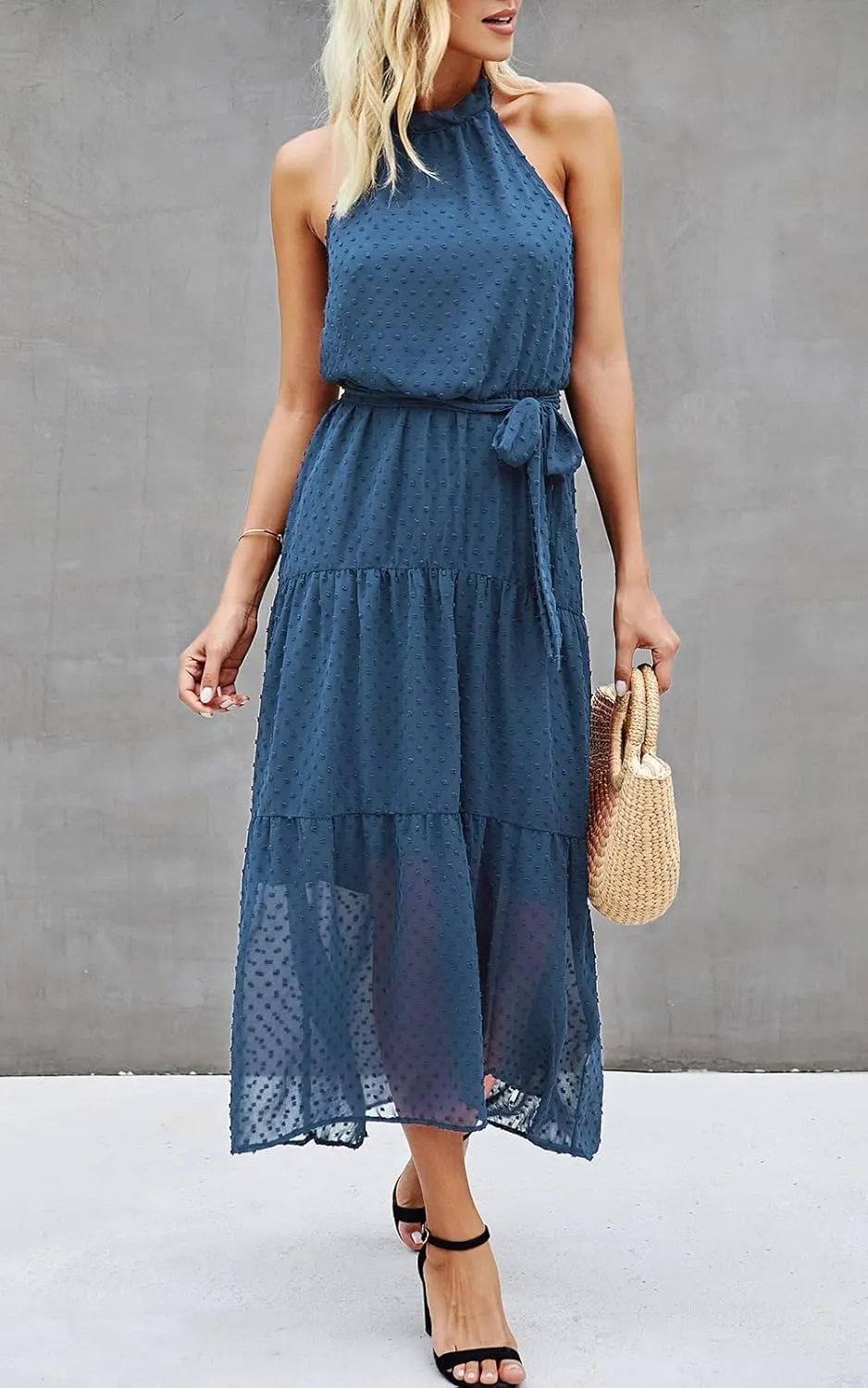 PRETTYGARDEN Womens Halter Neck Floral Long Maxi Dress Casual Sleeveless Backless Dresses Loose Ruffle Sundress with Belt