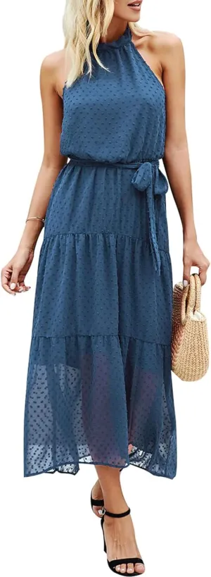 PRETTYGARDEN Womens Halter Neck Floral Long Maxi Dress Casual Sleeveless Backless Dresses Loose Ruffle Sundress with Belt