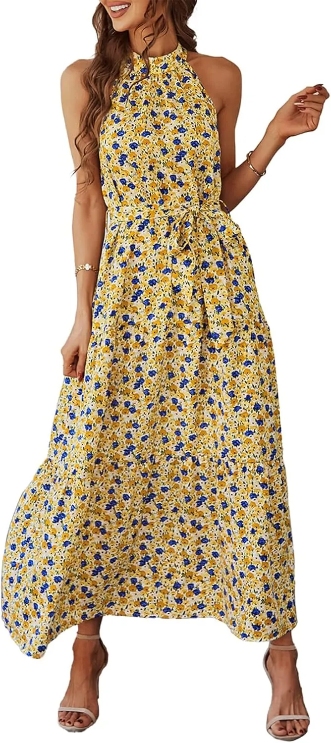 PRETTYGARDEN Women's Summer Floral Maxi Sun Dress Sleeveless Halter Neck Flowy Ruffle Hem Long Boho Dresses with Belt