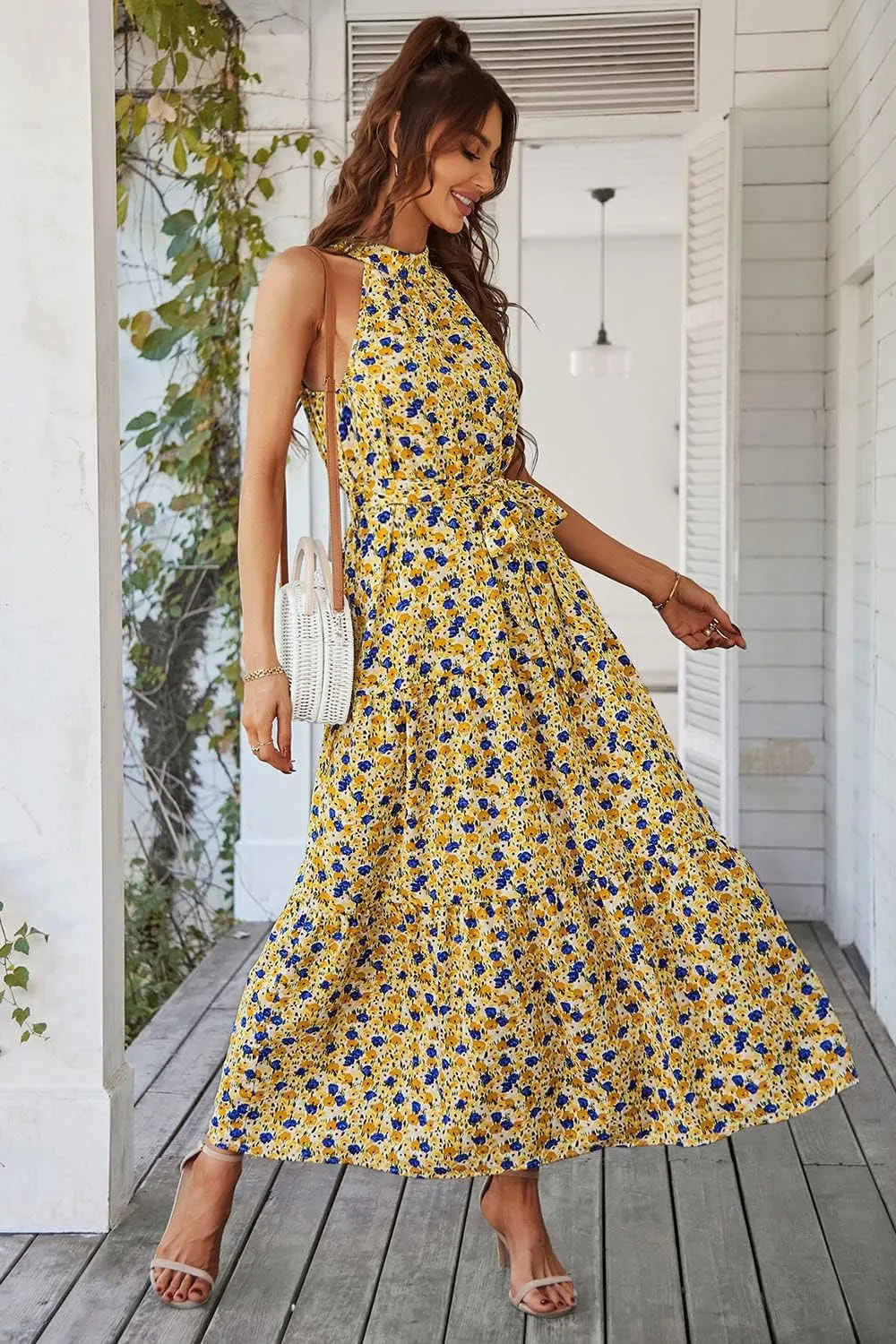 PRETTYGARDEN Women's Summer Floral Maxi Sun Dress Sleeveless Halter Neck Flowy Ruffle Hem Long Boho Dresses with Belt