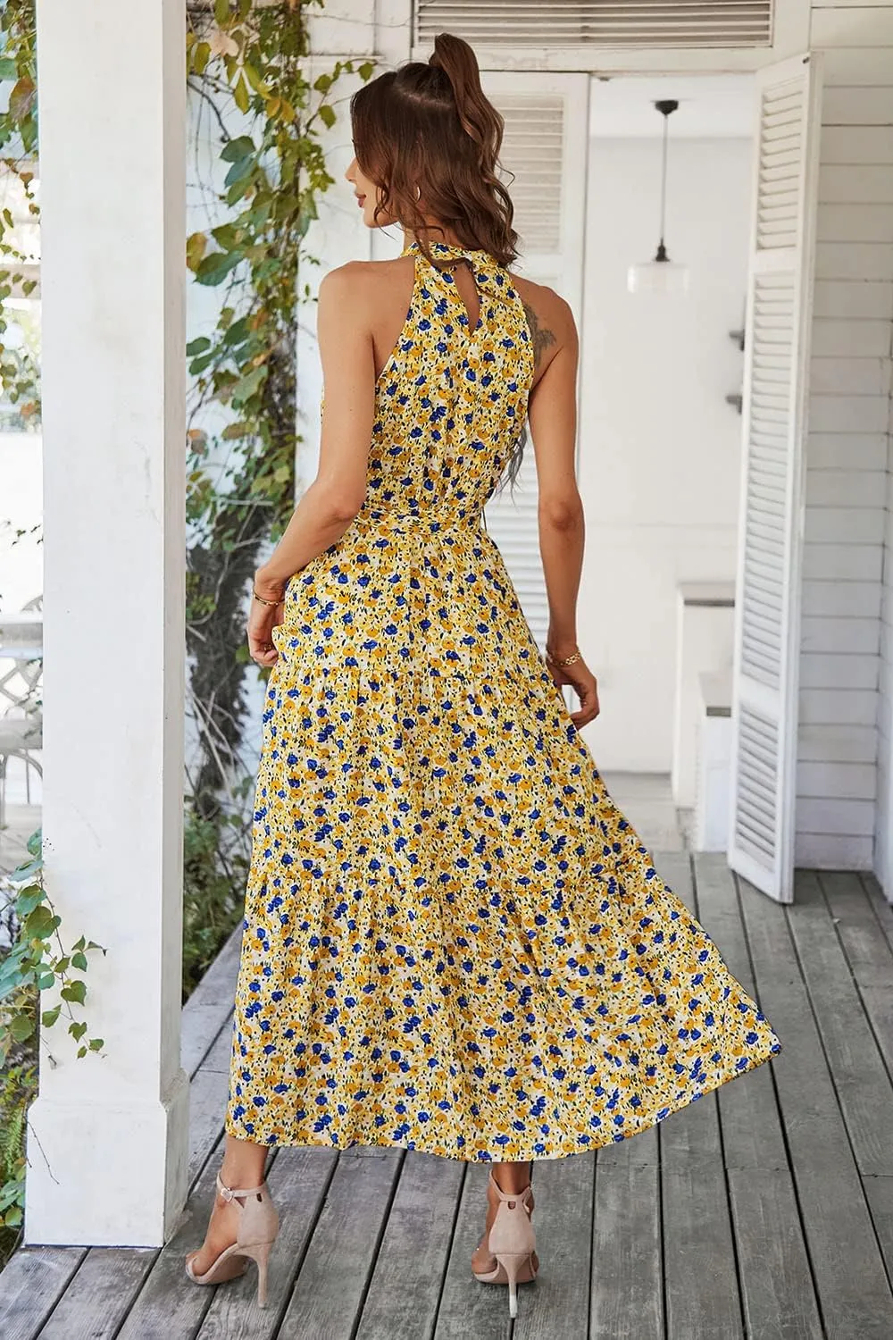 PRETTYGARDEN Women's Summer Floral Maxi Sun Dress Sleeveless Halter Neck Flowy Ruffle Hem Long Boho Dresses with Belt
