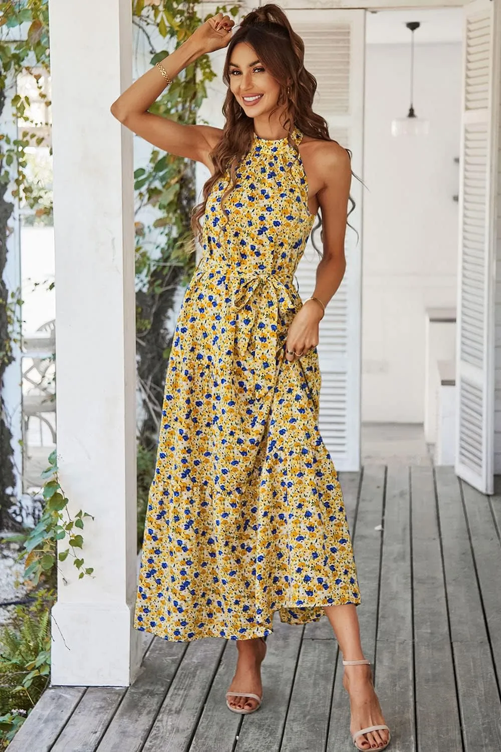 PRETTYGARDEN Women's Summer Floral Maxi Sun Dress Sleeveless Halter Neck Flowy Ruffle Hem Long Boho Dresses with Belt
