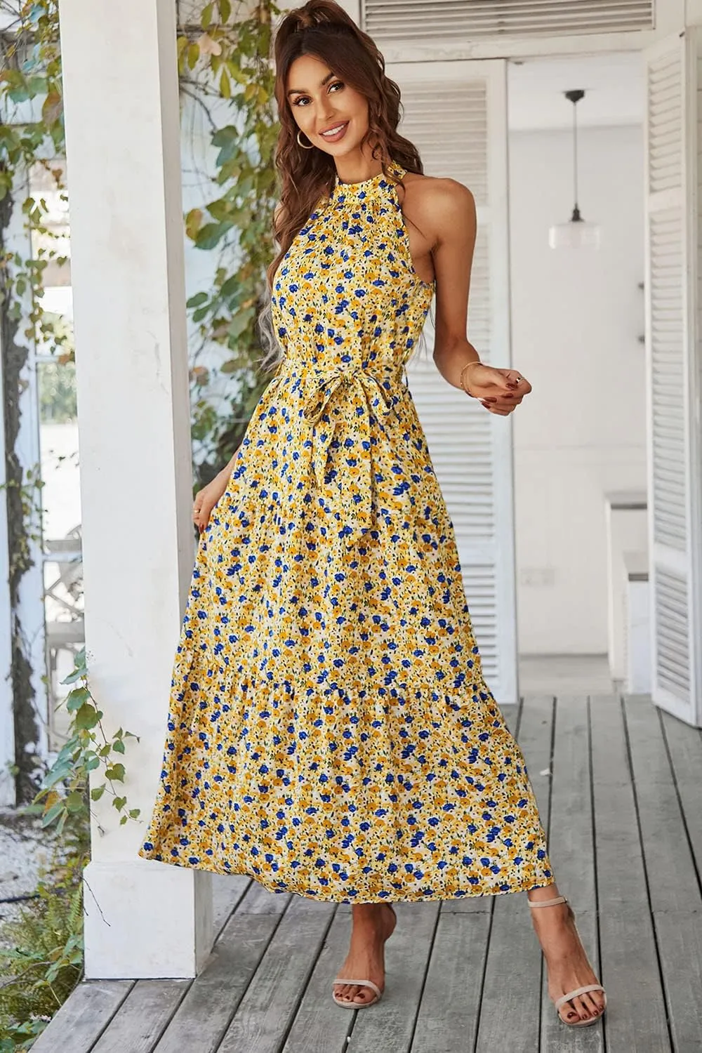 PRETTYGARDEN Women's Summer Floral Maxi Sun Dress Sleeveless Halter Neck Flowy Ruffle Hem Long Boho Dresses with Belt