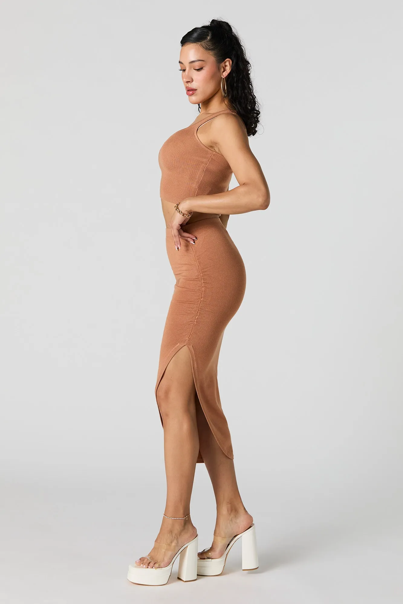 Ruched Bodycon Slit Midi Skirt