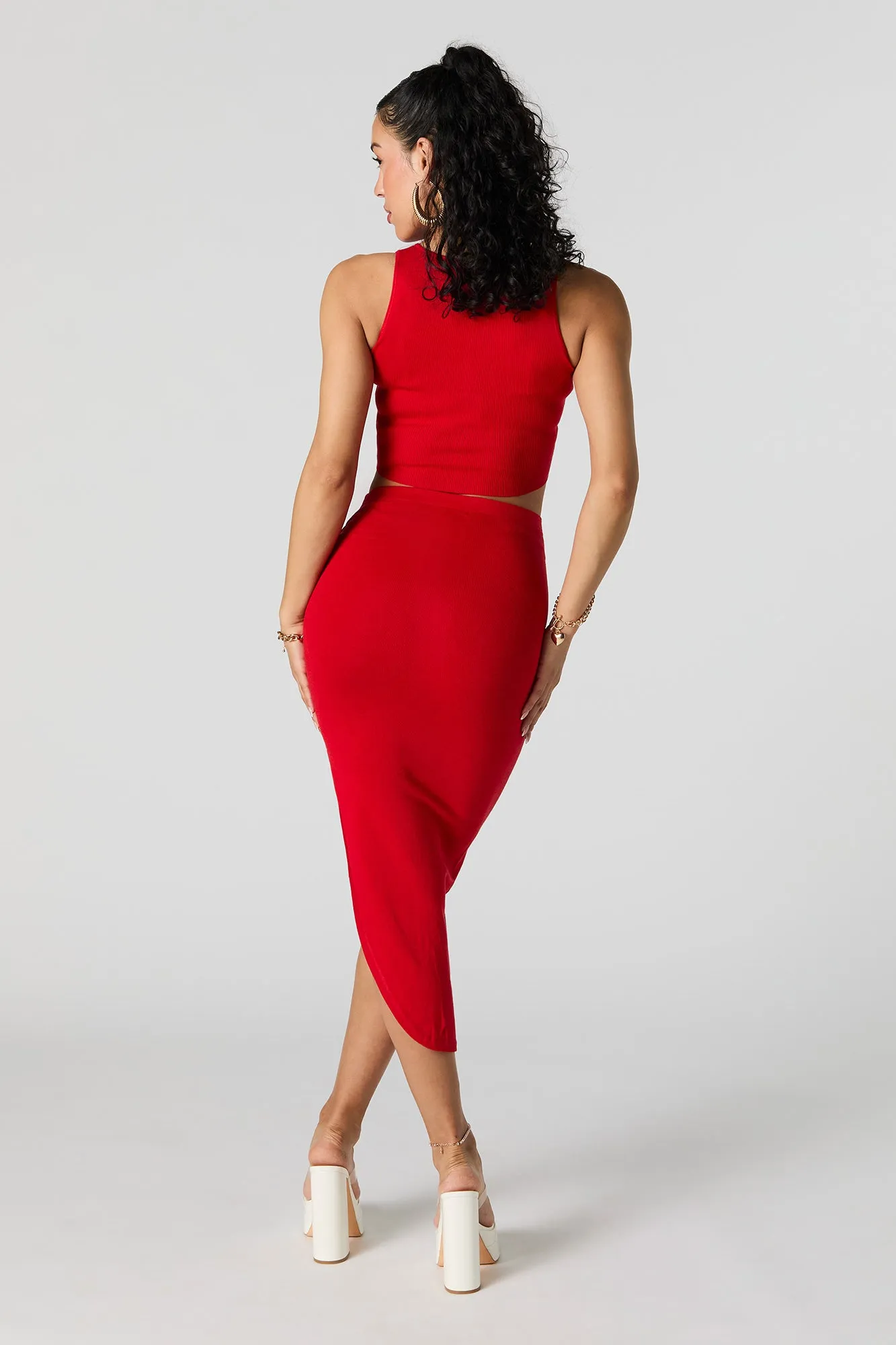 Ruched Bodycon Slit Midi Skirt