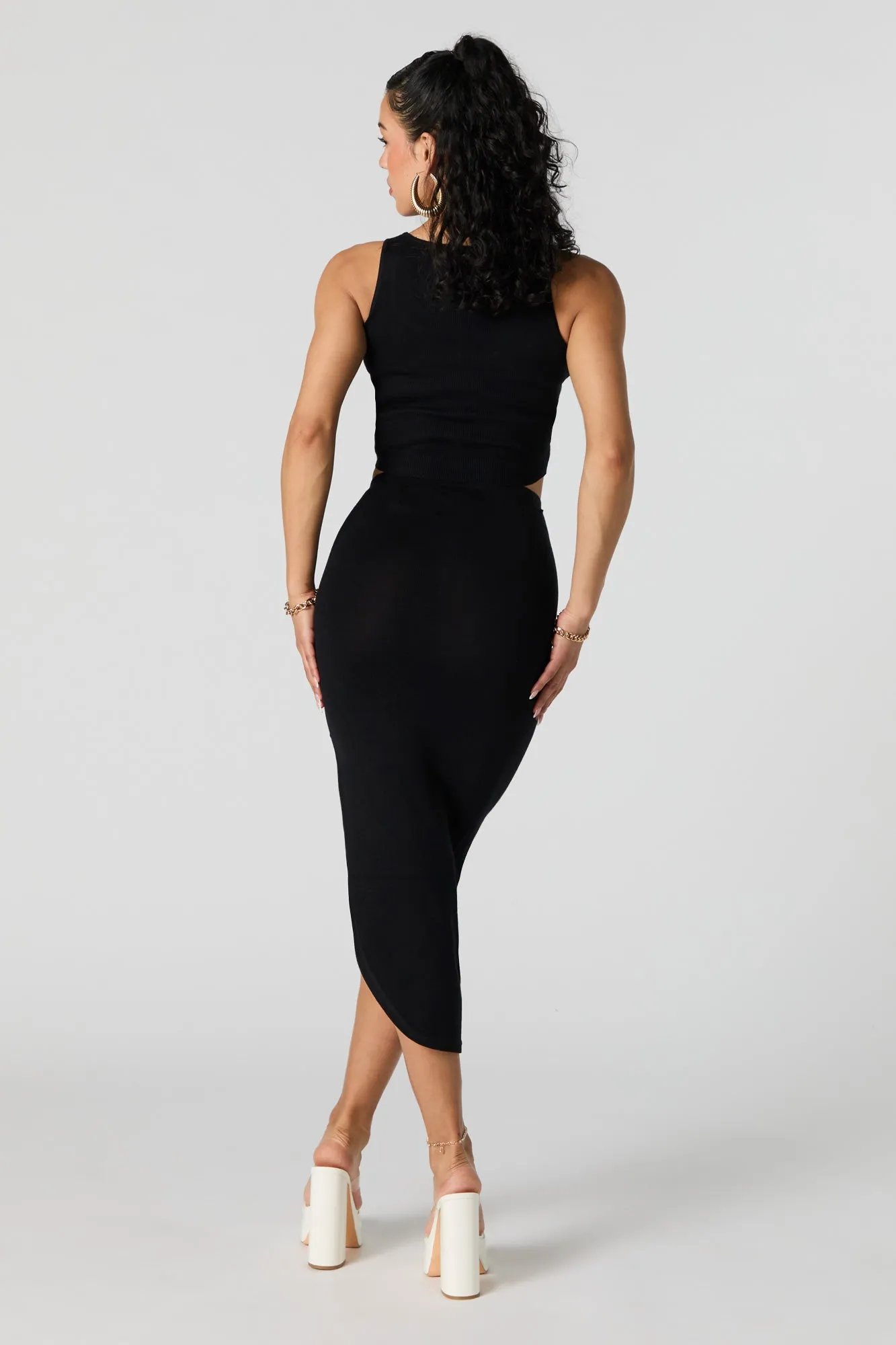 Ruched Bodycon Slit Midi Skirt