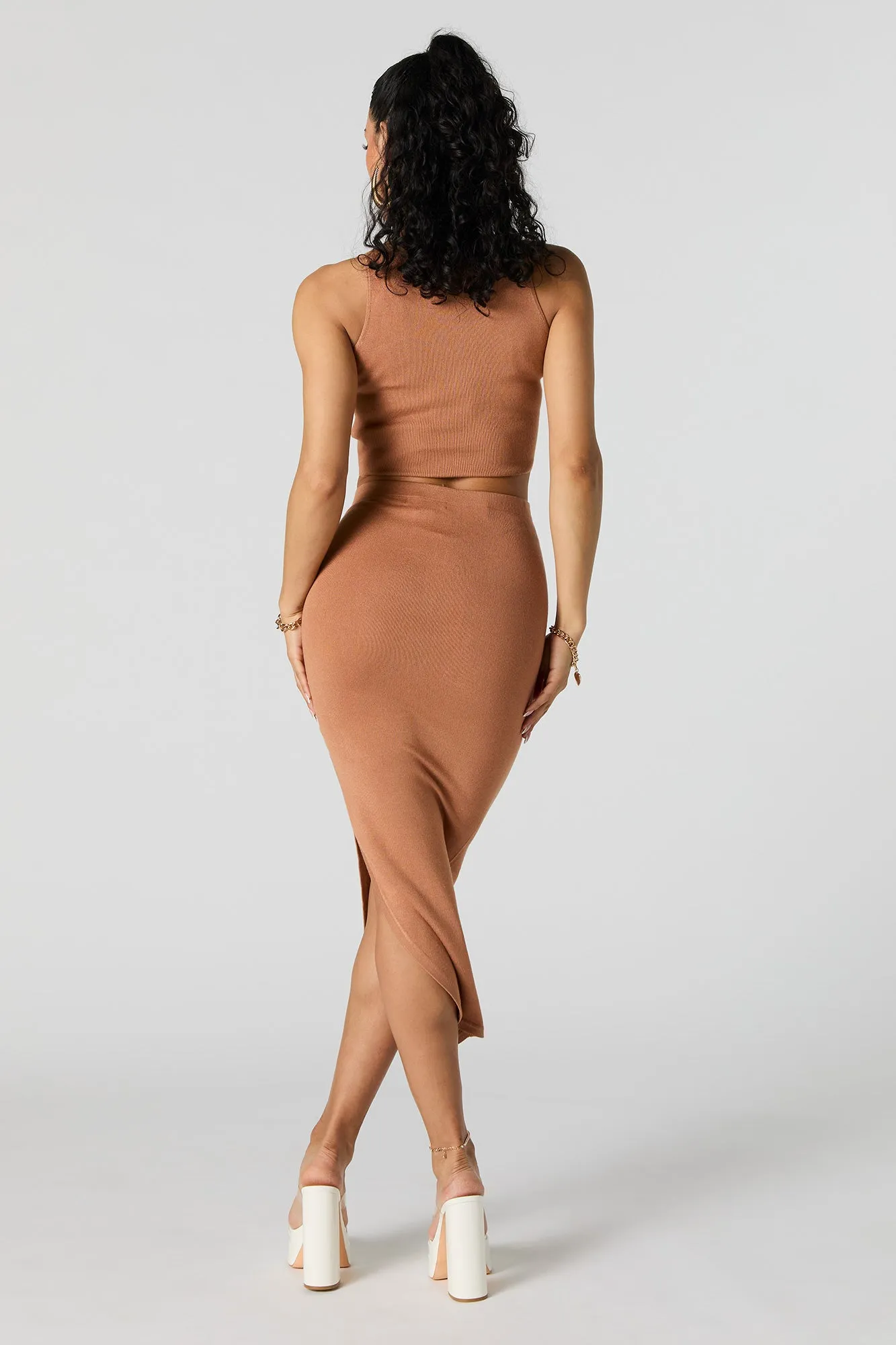 Ruched Bodycon Slit Midi Skirt