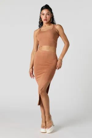 Ruched Bodycon Slit Midi Skirt