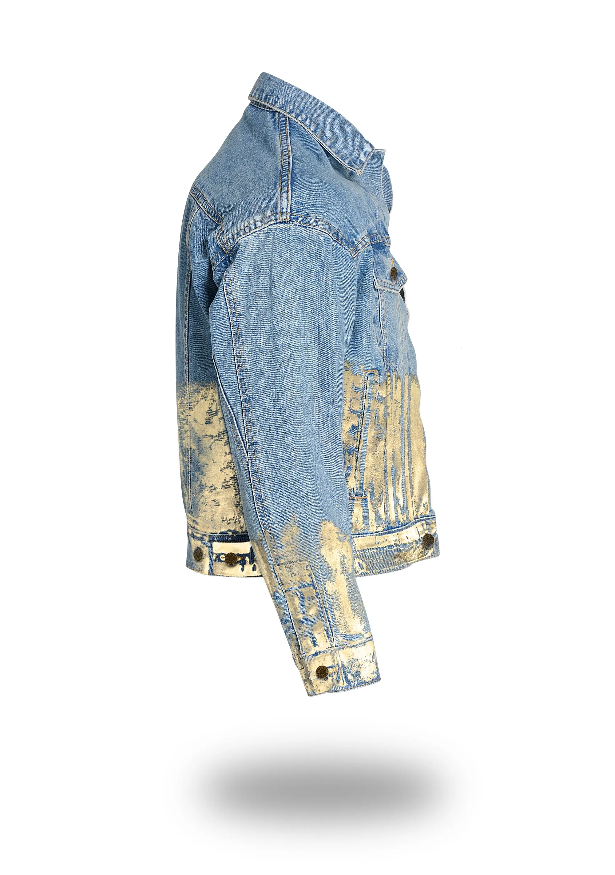 Shorter Light Wash Denim Jacket with Champagne Gold Foil