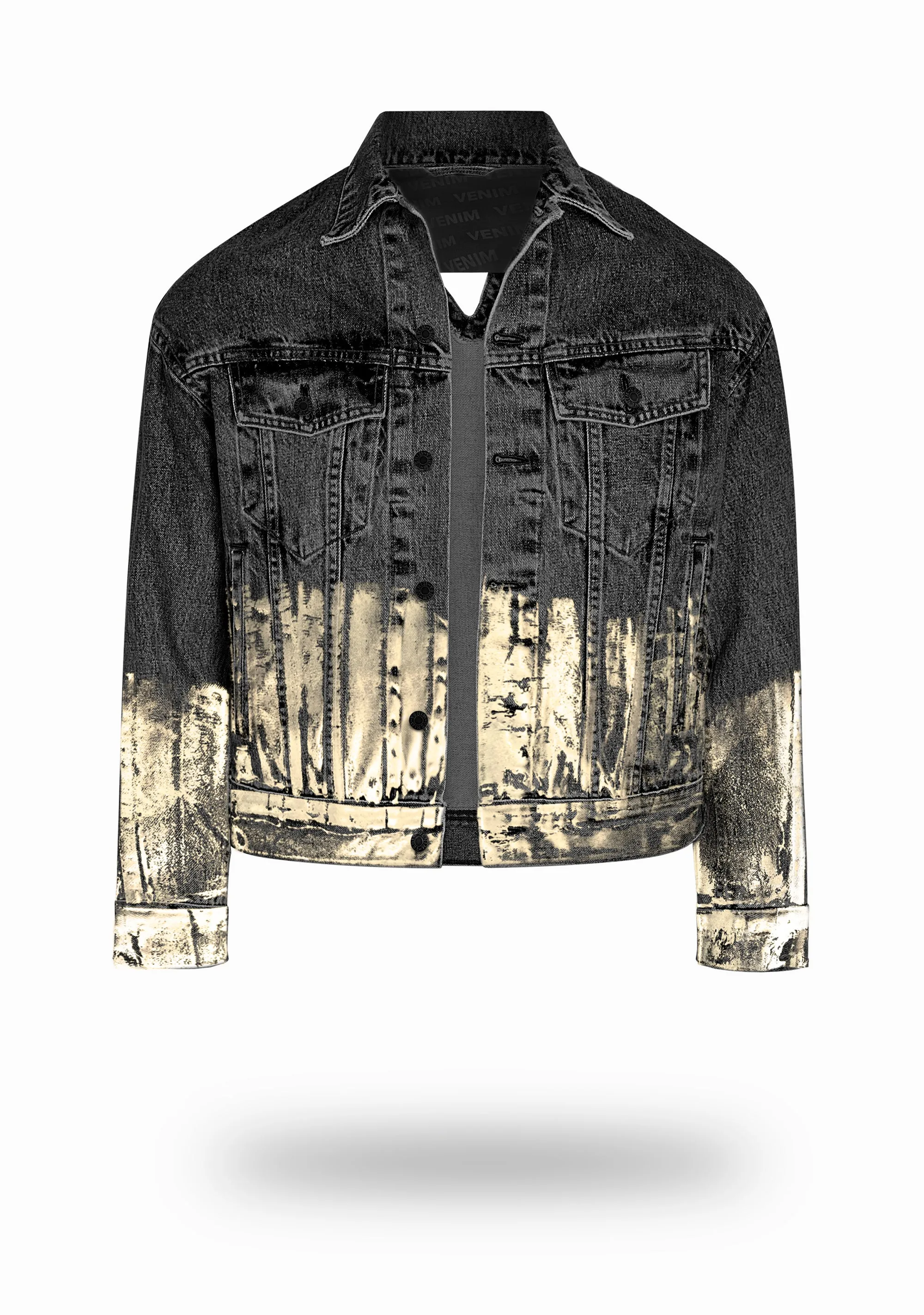 Shorter Washed Black Denim Jacket with Champagne Gold Foil