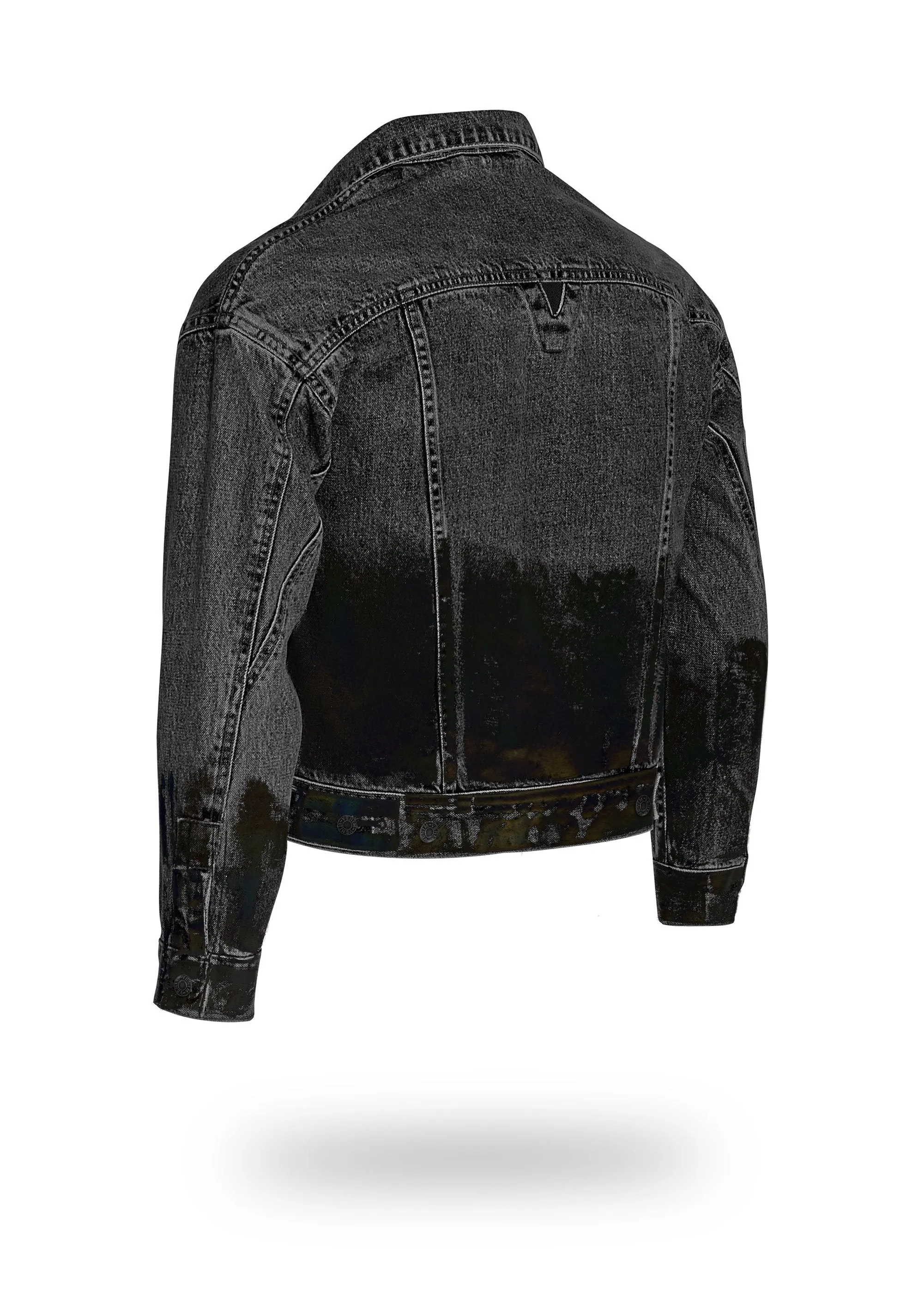 Shorter Washed Black Denim Jacket with Midnight Oil Foil