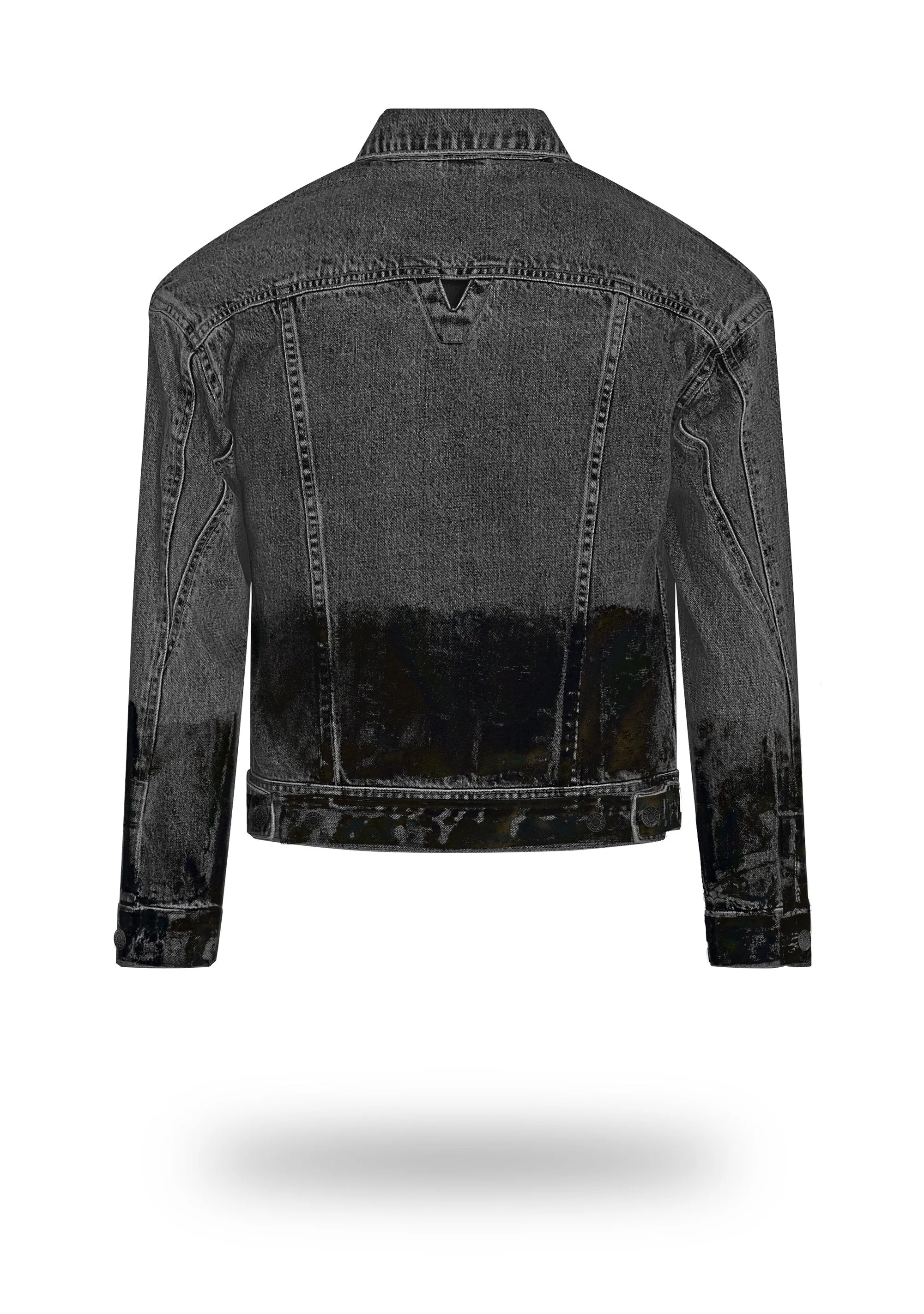Shorter Washed Black Denim Jacket with Midnight Oil Foil