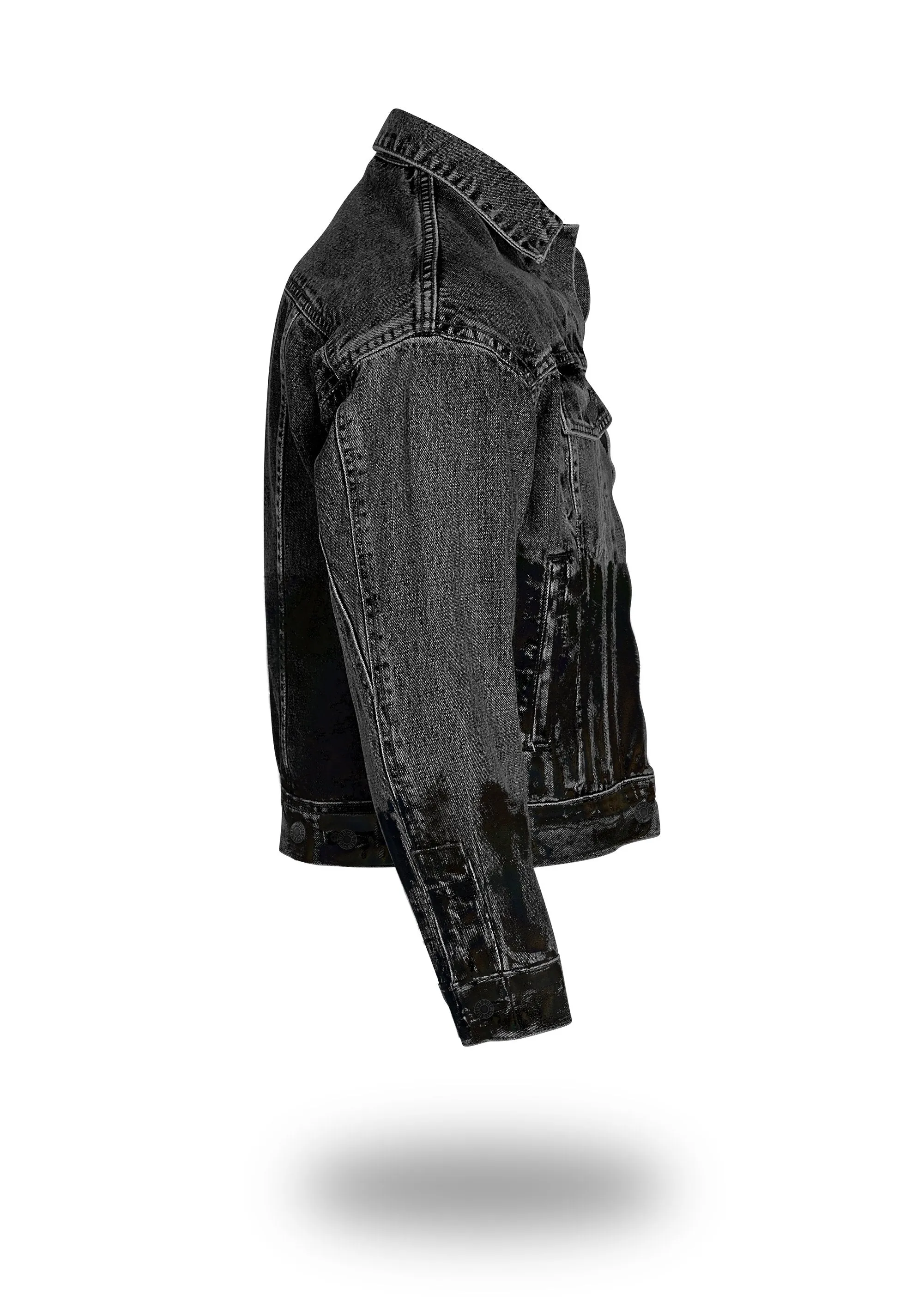 Shorter Washed Black Denim Jacket with Midnight Oil Foil