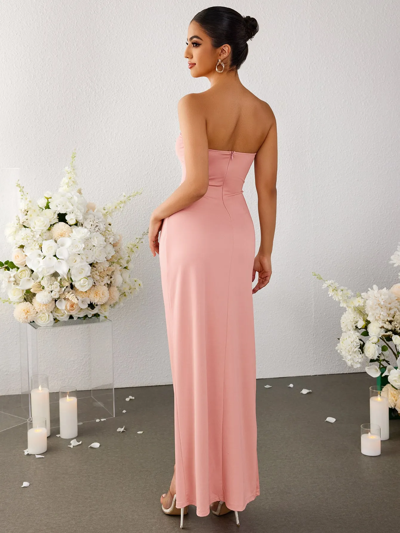 Stereo Flower Ruched Slit Hem Tube Dress