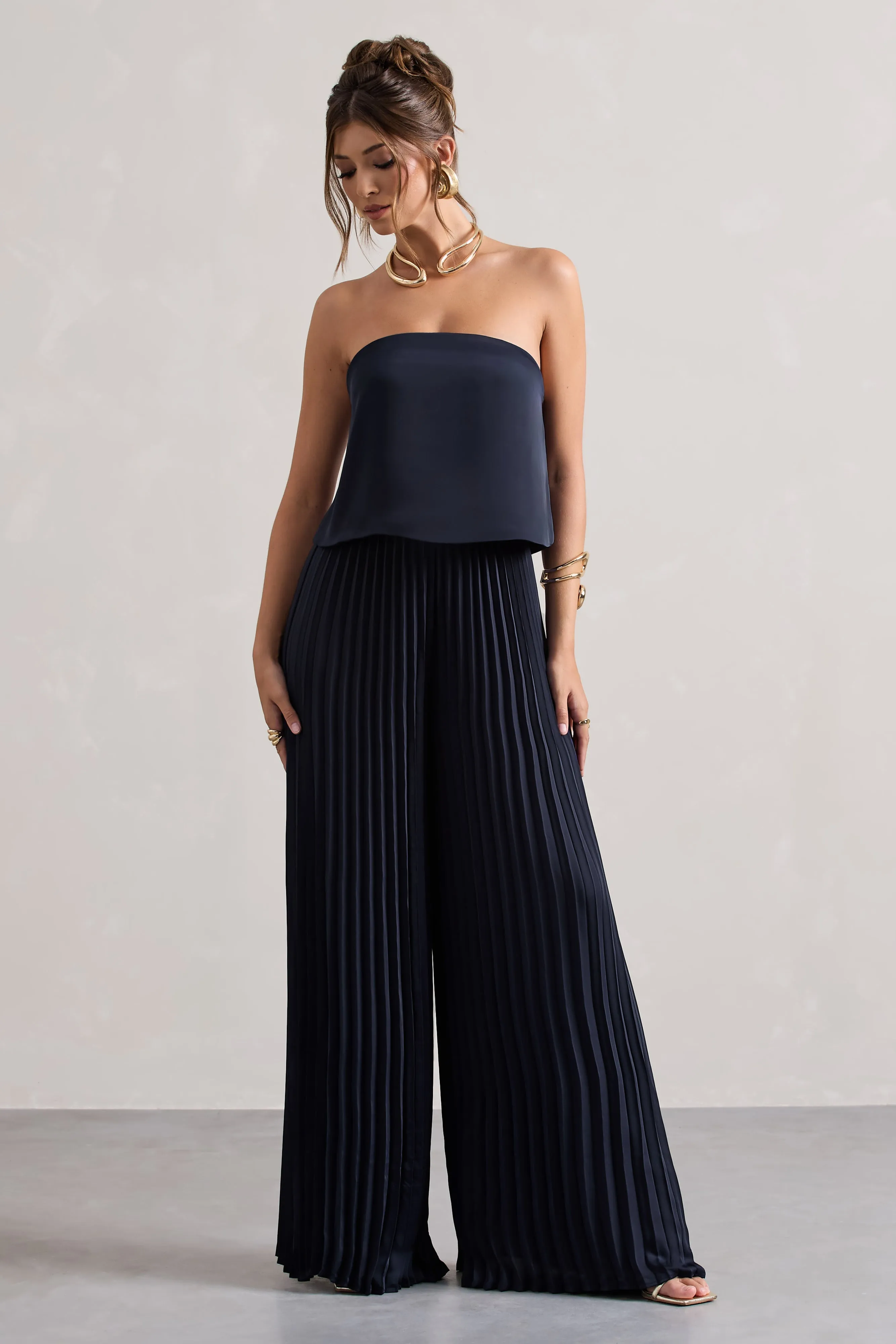 Tammi | Navy Satin Strapless Plisse Wide-Leg Jumpsuit