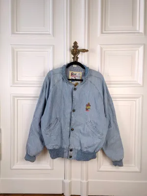 The Varsity Denim Jacket Roy Rogers | Vintage 80s USA baseball light blue jeans wash bomber summer spring embroidery men unisex women L