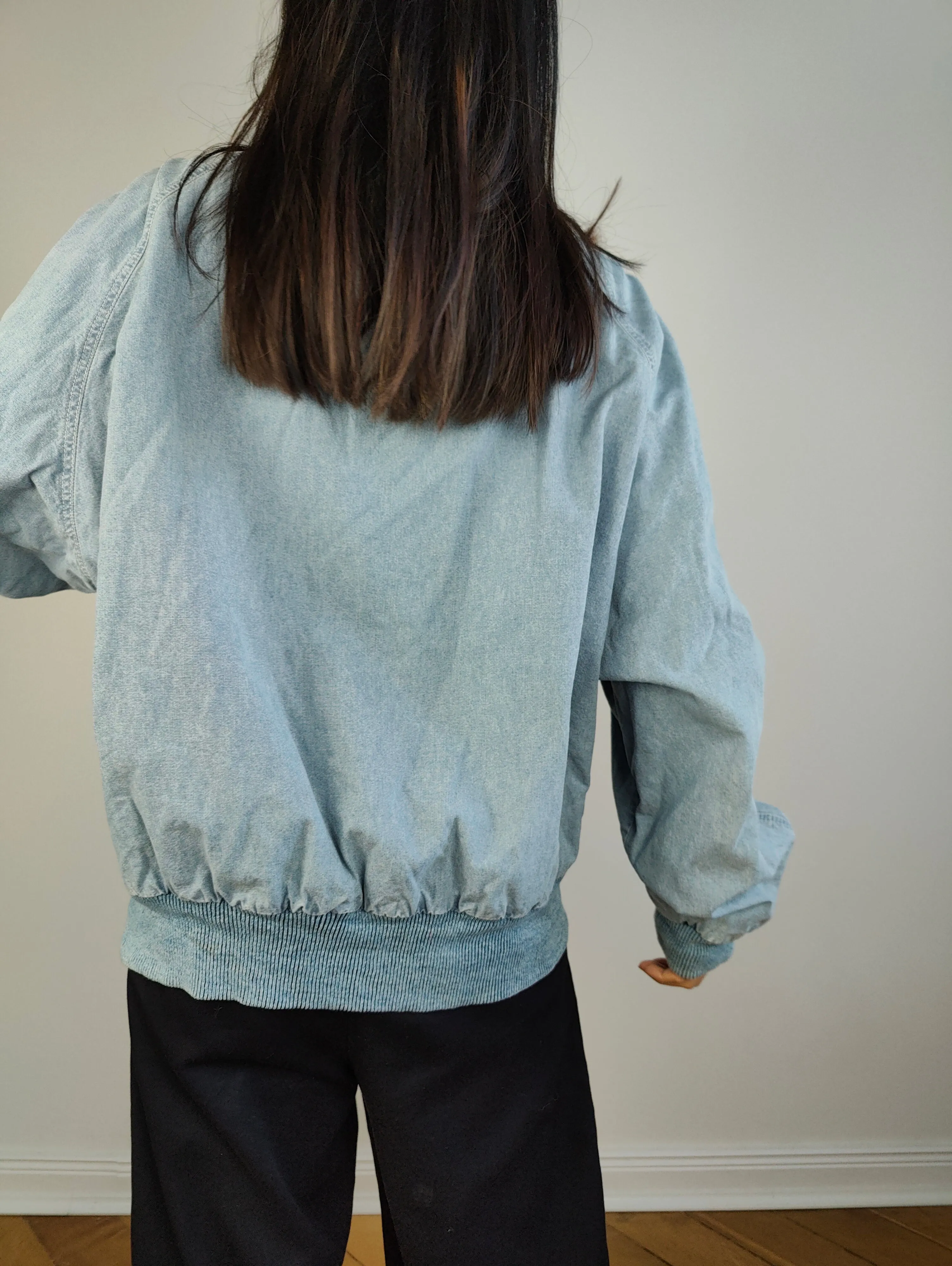 The Varsity Denim Jacket Roy Rogers | Vintage 80s USA baseball light blue jeans wash bomber summer spring embroidery men unisex women L