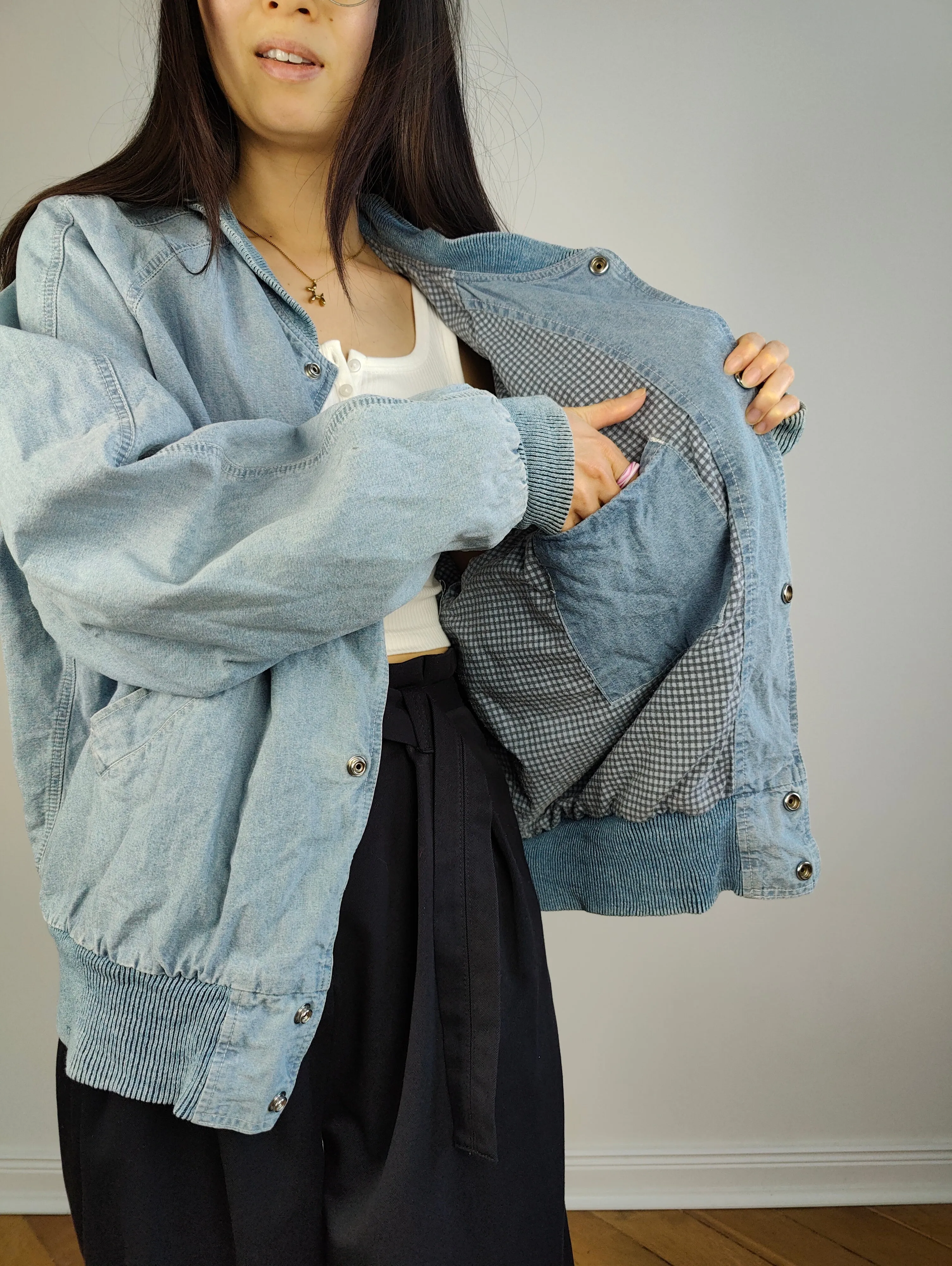The Varsity Denim Jacket Roy Rogers | Vintage 80s USA baseball light blue jeans wash bomber summer spring embroidery men unisex women L