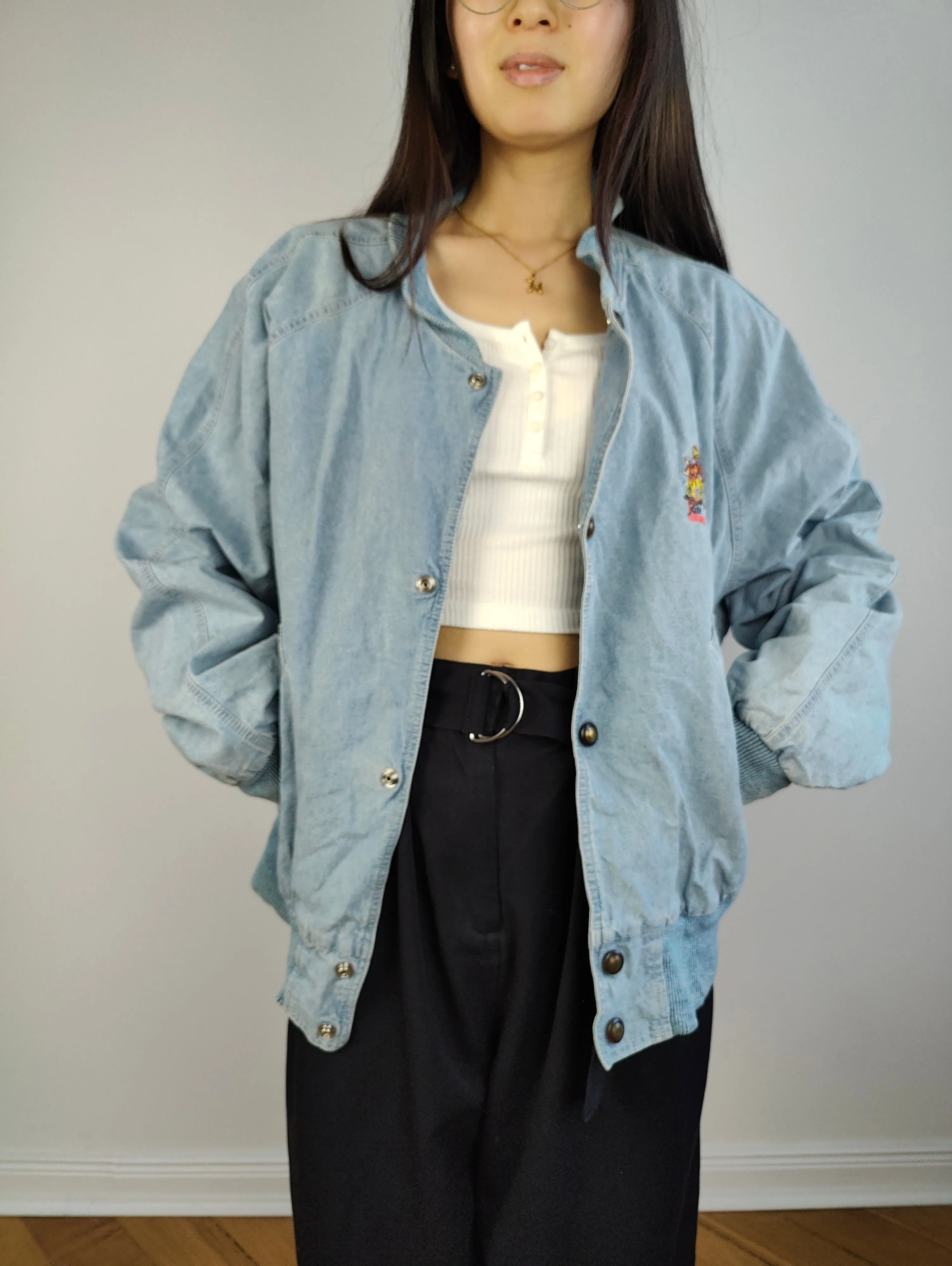 The Varsity Denim Jacket Roy Rogers | Vintage 80s USA baseball light blue jeans wash bomber summer spring embroidery men unisex women L