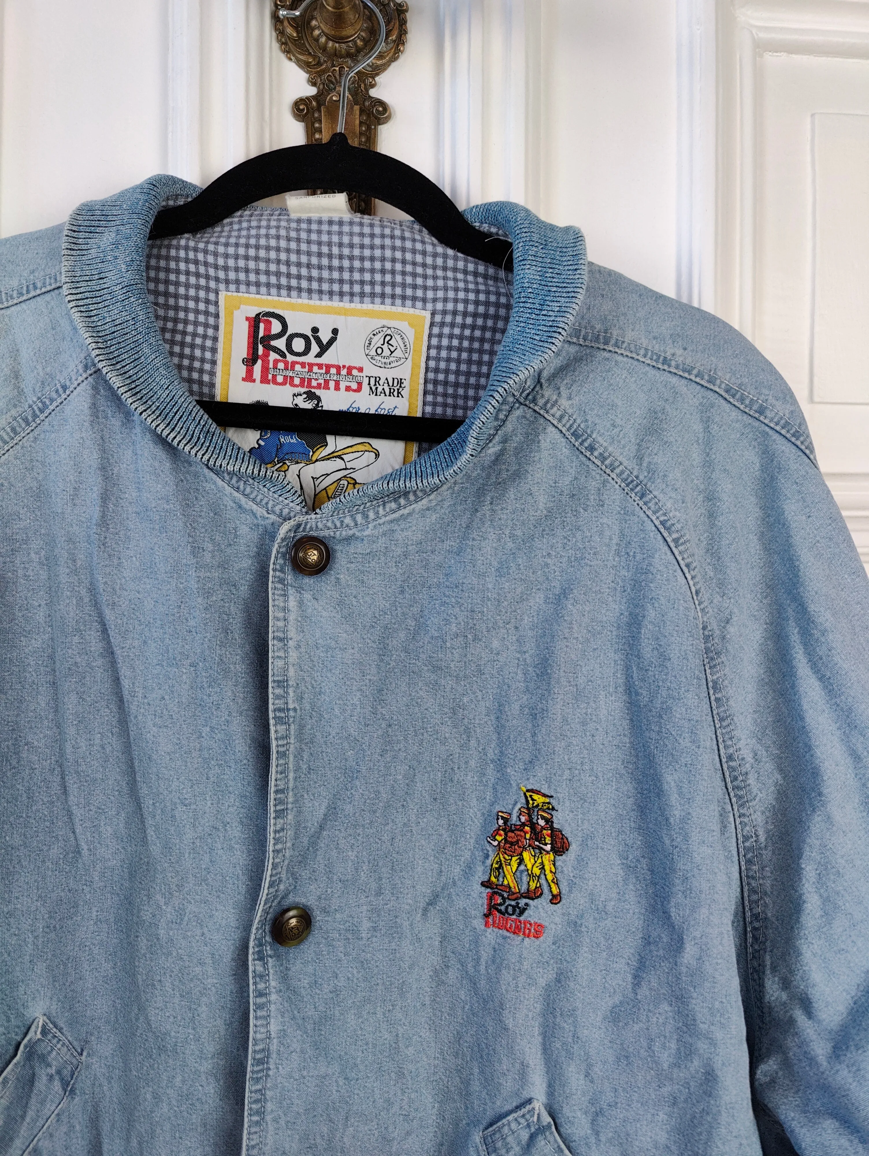 The Varsity Denim Jacket Roy Rogers | Vintage 80s USA baseball light blue jeans wash bomber summer spring embroidery men unisex women L