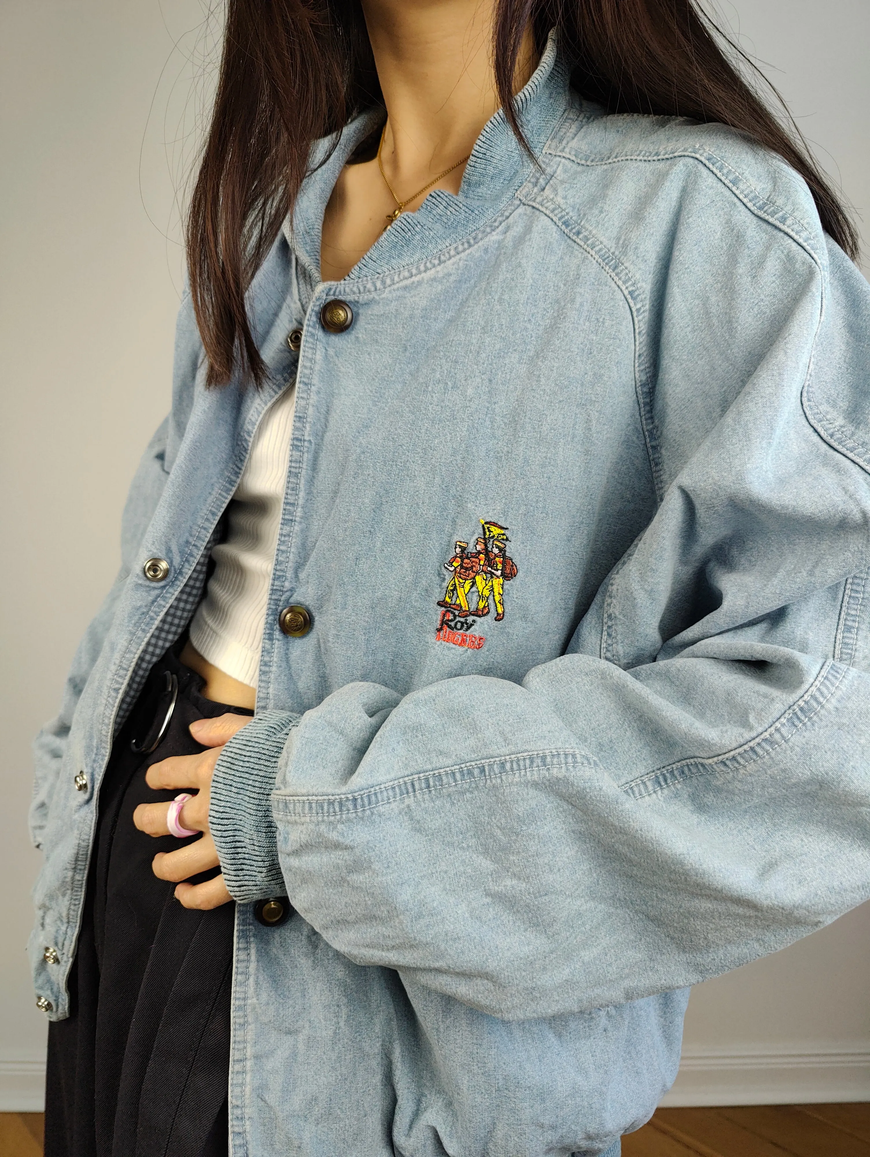 The Varsity Denim Jacket Roy Rogers | Vintage 80s USA baseball light blue jeans wash bomber summer spring embroidery men unisex women L