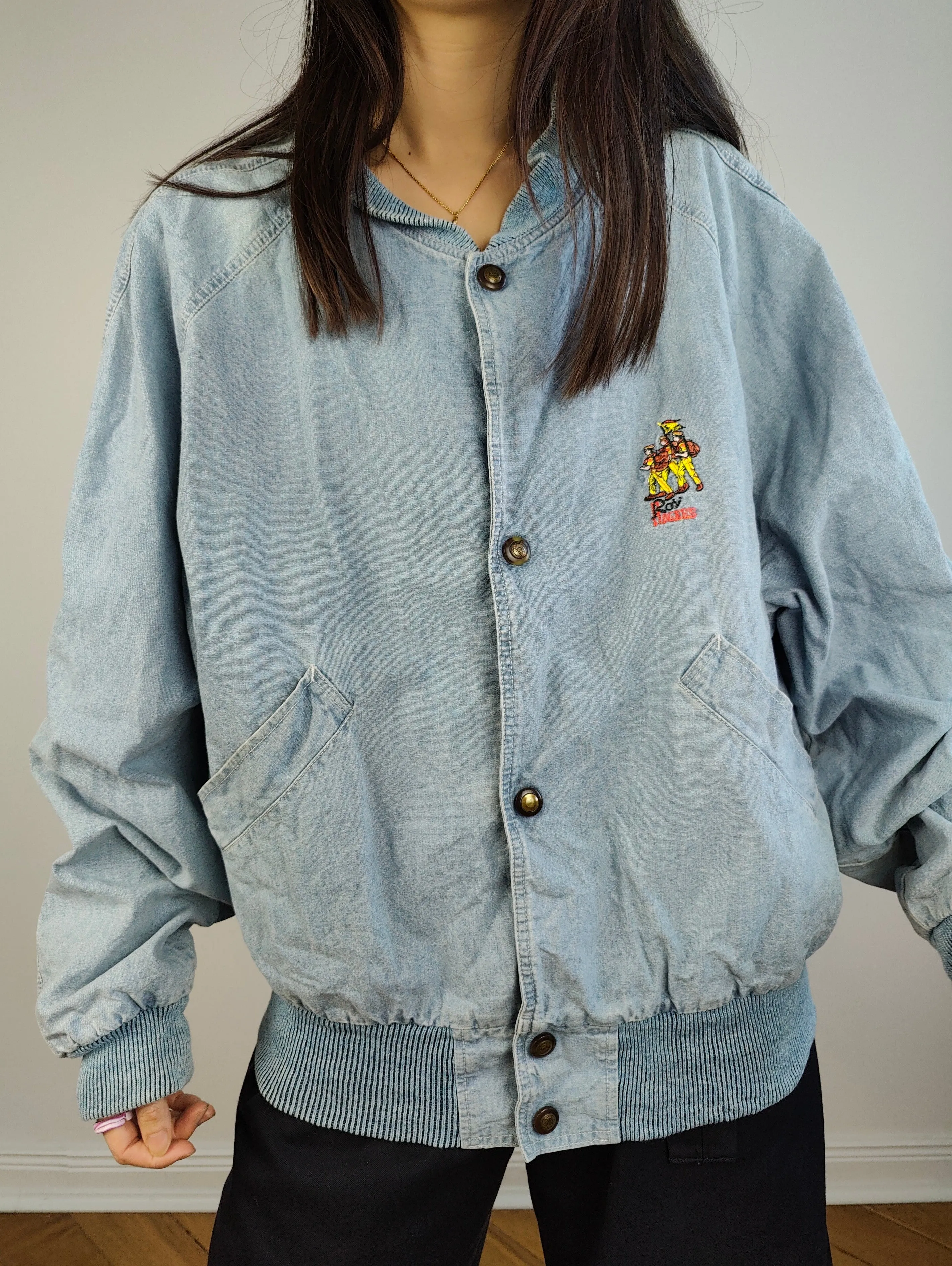 The Varsity Denim Jacket Roy Rogers | Vintage 80s USA baseball light blue jeans wash bomber summer spring embroidery men unisex women L