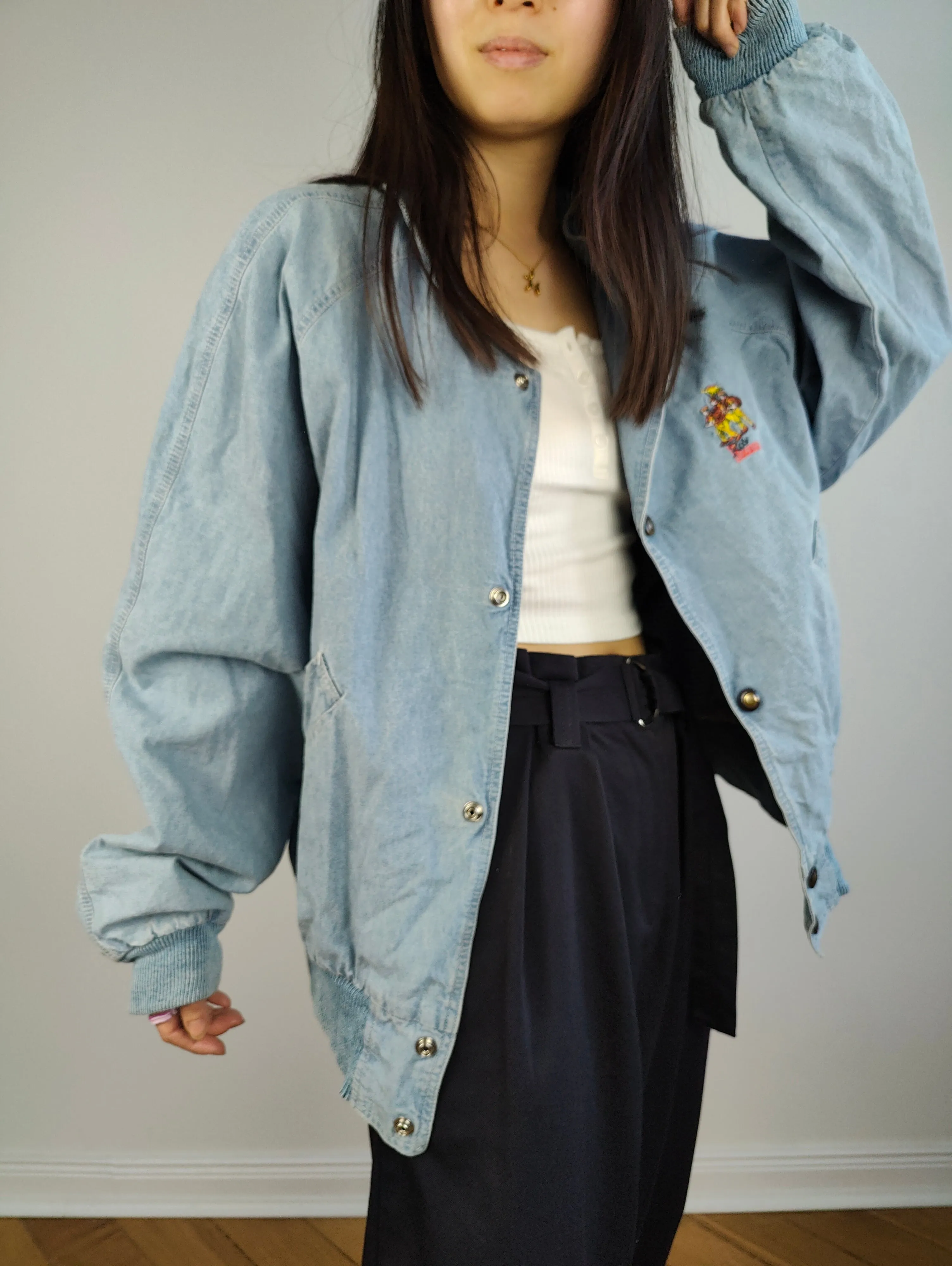 The Varsity Denim Jacket Roy Rogers | Vintage 80s USA baseball light blue jeans wash bomber summer spring embroidery men unisex women L