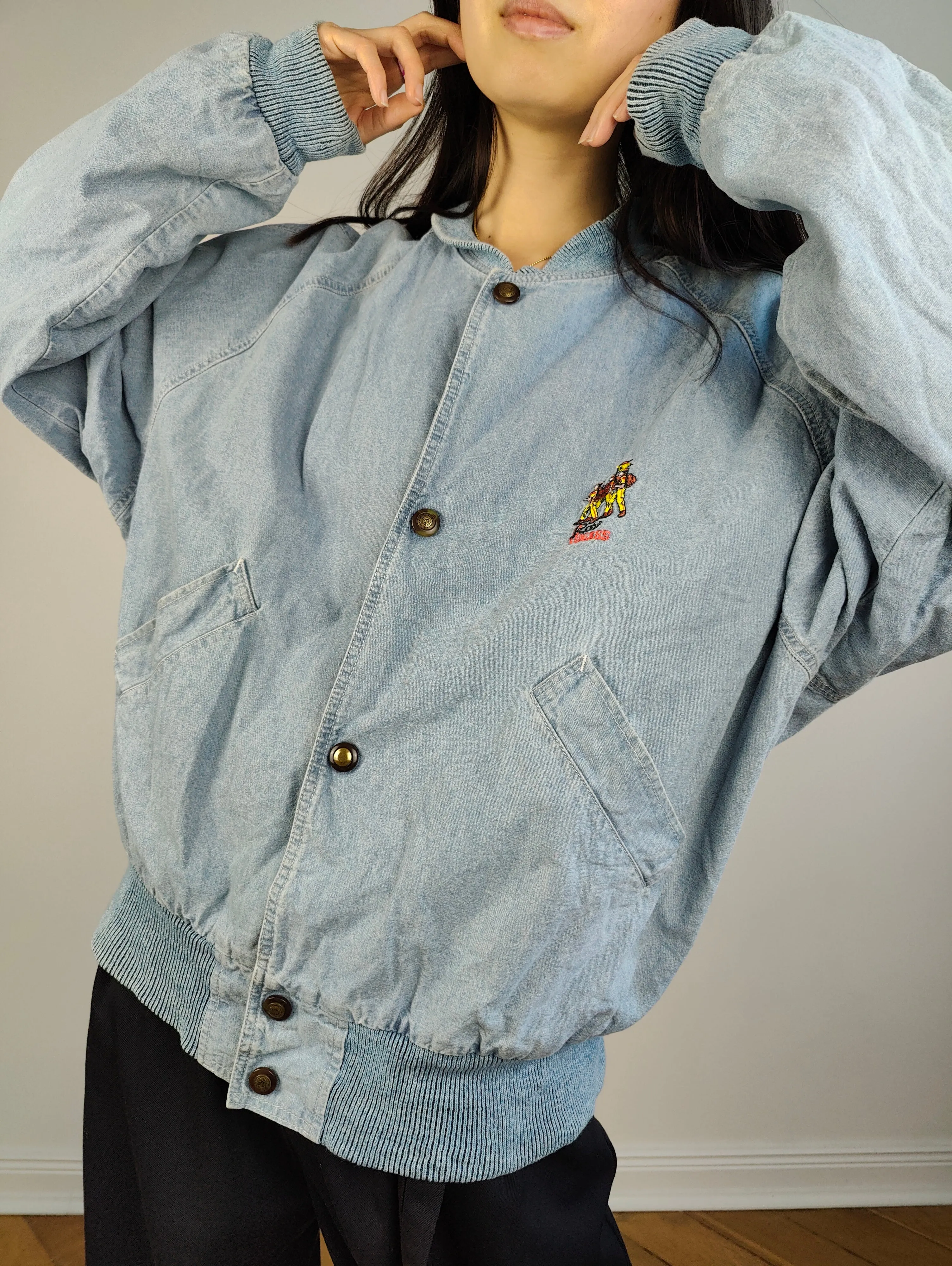 The Varsity Denim Jacket Roy Rogers | Vintage 80s USA baseball light blue jeans wash bomber summer spring embroidery men unisex women L