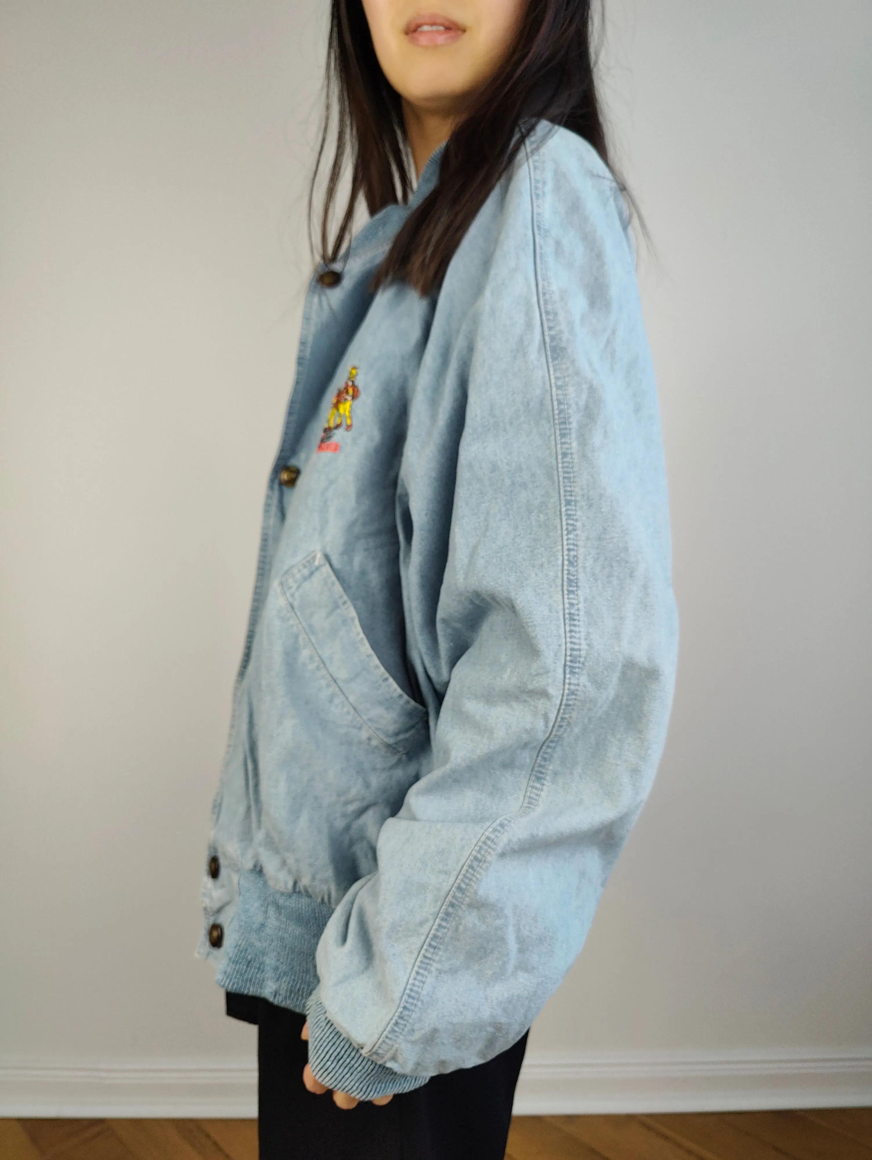 The Varsity Denim Jacket Roy Rogers | Vintage 80s USA baseball light blue jeans wash bomber summer spring embroidery men unisex women L