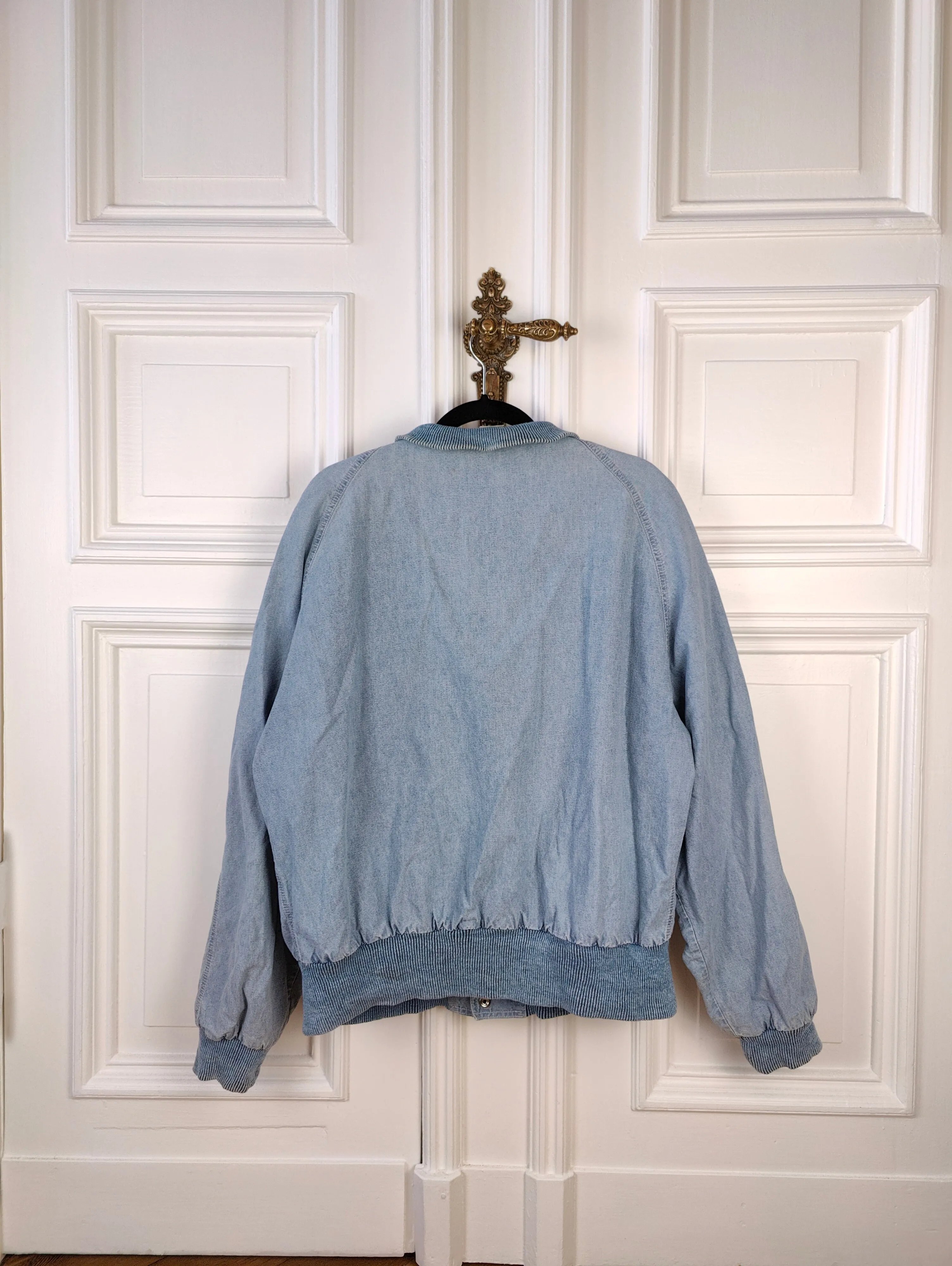 The Varsity Denim Jacket Roy Rogers | Vintage 80s USA baseball light blue jeans wash bomber summer spring embroidery men unisex women L
