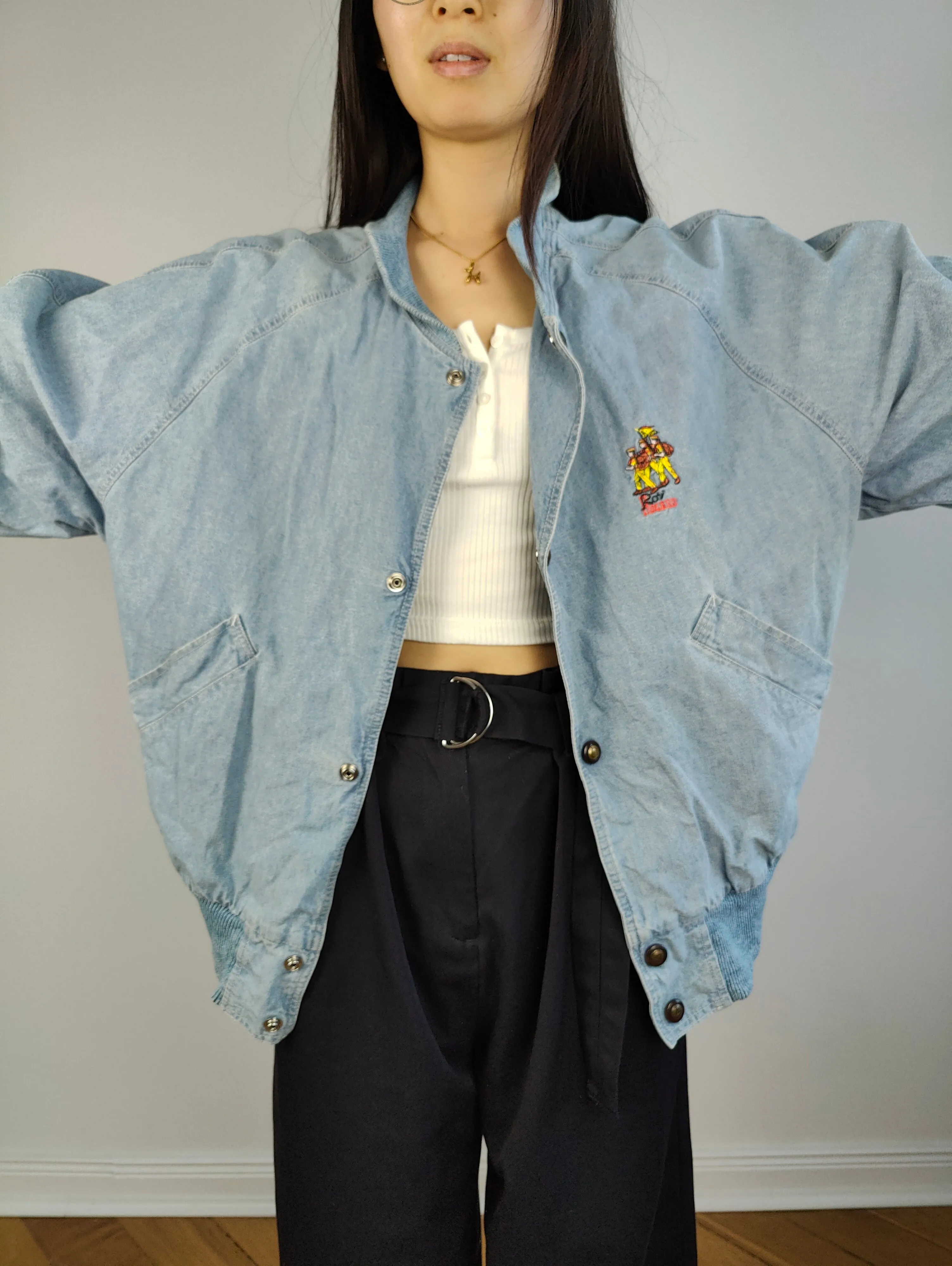 The Varsity Denim Jacket Roy Rogers | Vintage 80s USA baseball light blue jeans wash bomber summer spring embroidery men unisex women L