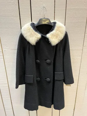 Vintage 60s/70s Black Wool Coat with White Fur Collar, Union Made, Chest 42”