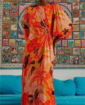 Vintage Orange Print Elegant Maxi Dress