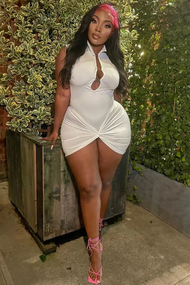 White Cut Out Ruched Front Knot Mini Dress