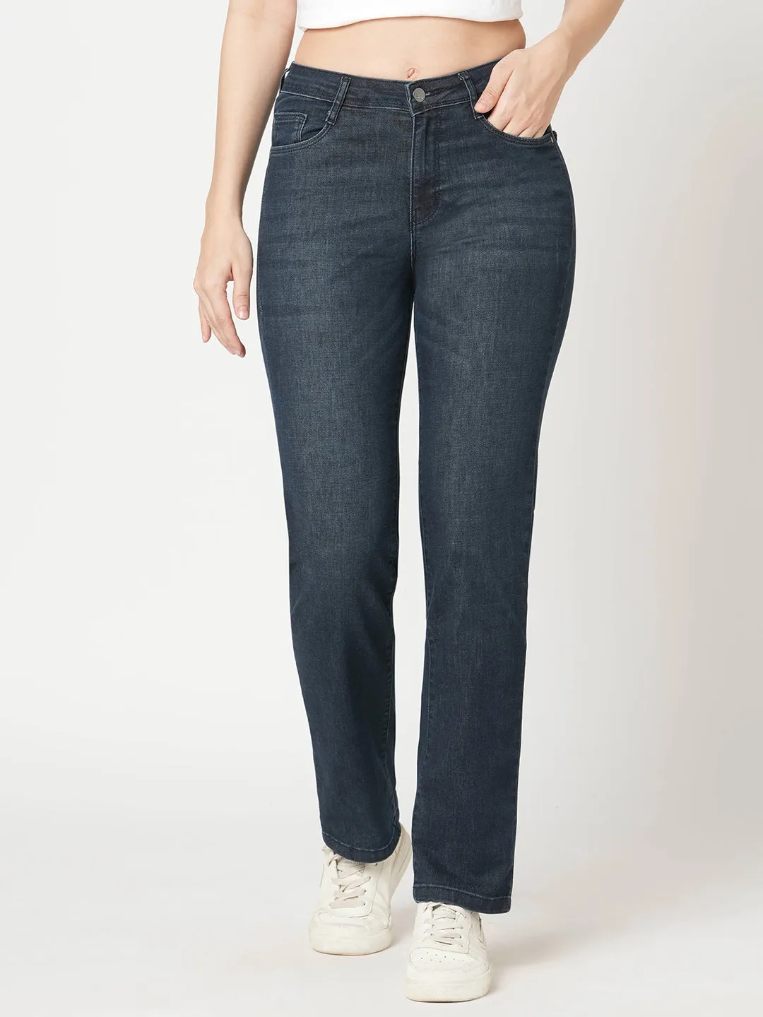 Women Blue High-Rise Slim Straight Fit Jeans