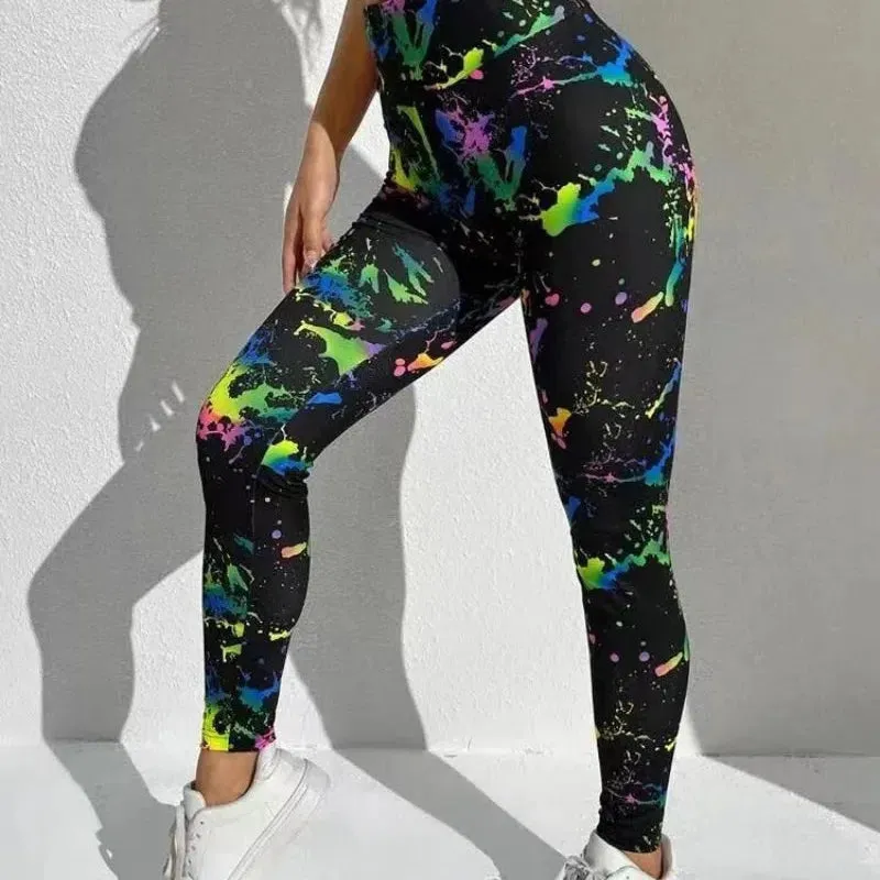 Women New Colorful Graffiti 3D Printing Leggings High Waist Seamless Push Up Yoga Pants