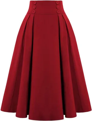 Women Plaid Skirt Vintage High Waist Pleated Skirt with Pockets Casual Flared Midi A-Line Skirt Pleated Skirt (Red, S)