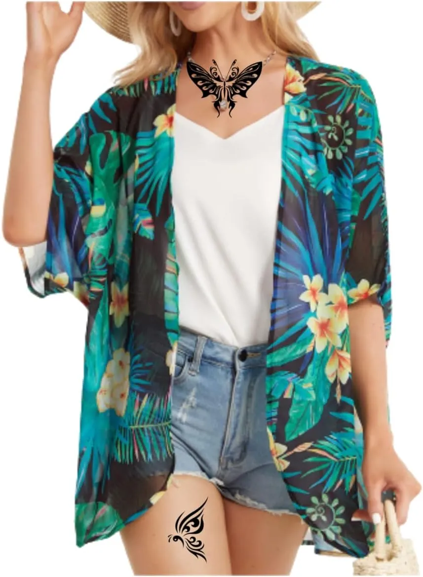 Women's Floral Print Puff Sleeve Kimono Cardigans Chiffon Casual Loose Open Front Cover Tops Cardigan Blouse
