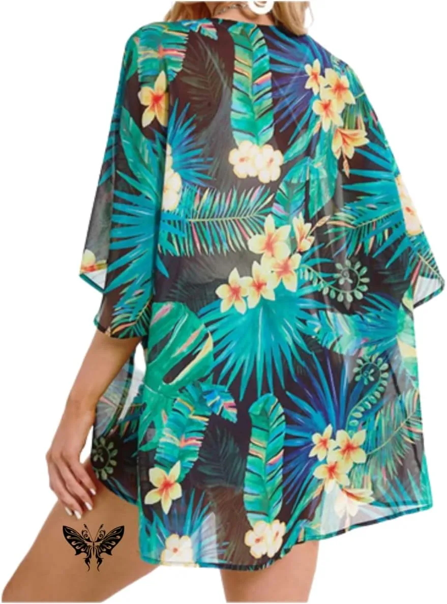 Women's Floral Print Puff Sleeve Kimono Cardigans Chiffon Casual Loose Open Front Cover Tops Cardigan Blouse