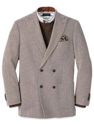 Wool Blend Herringbone Double Breasted Peak Lapel Sport Coat - Ivory/brown