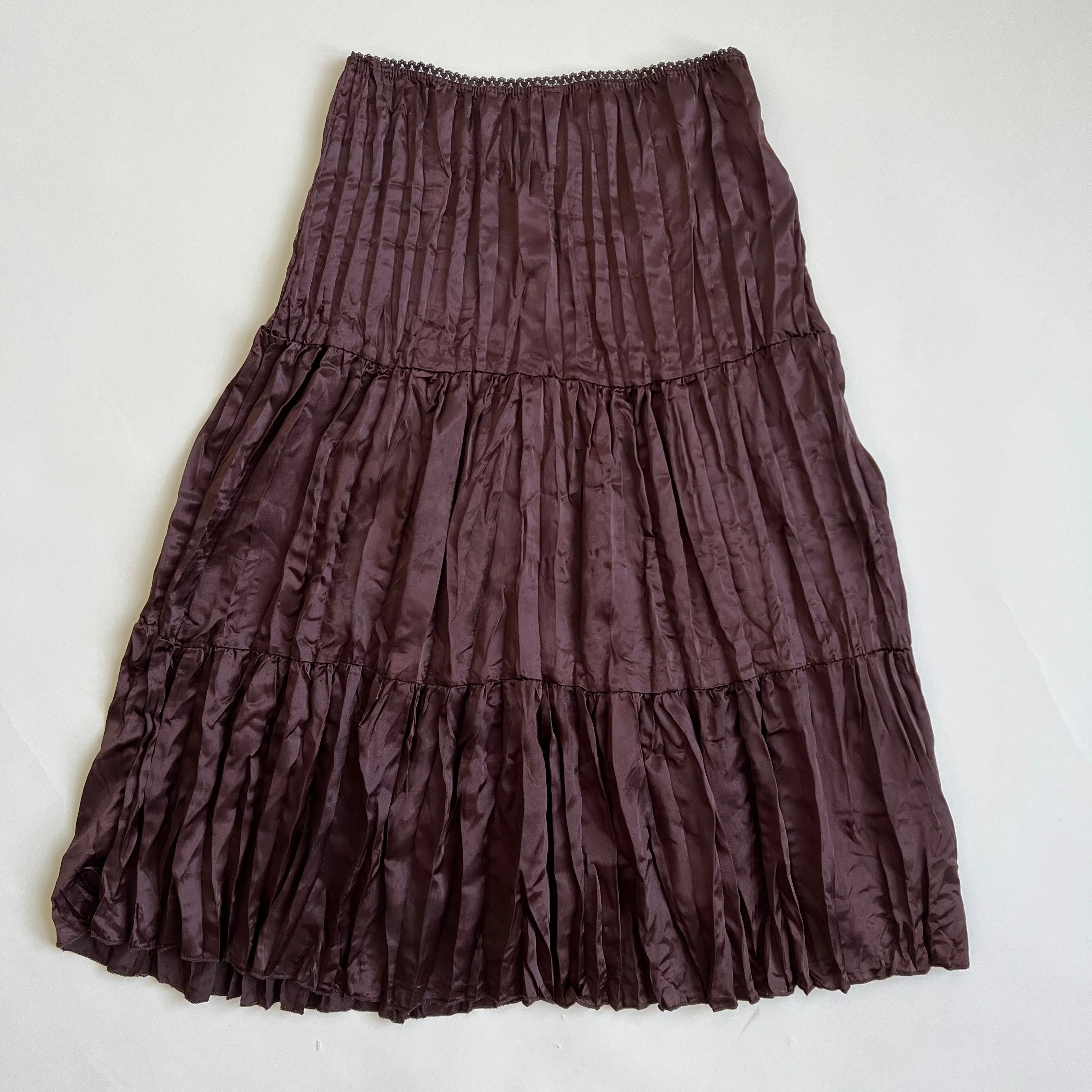 Y2K brown satin pleated midi skirt - M/L