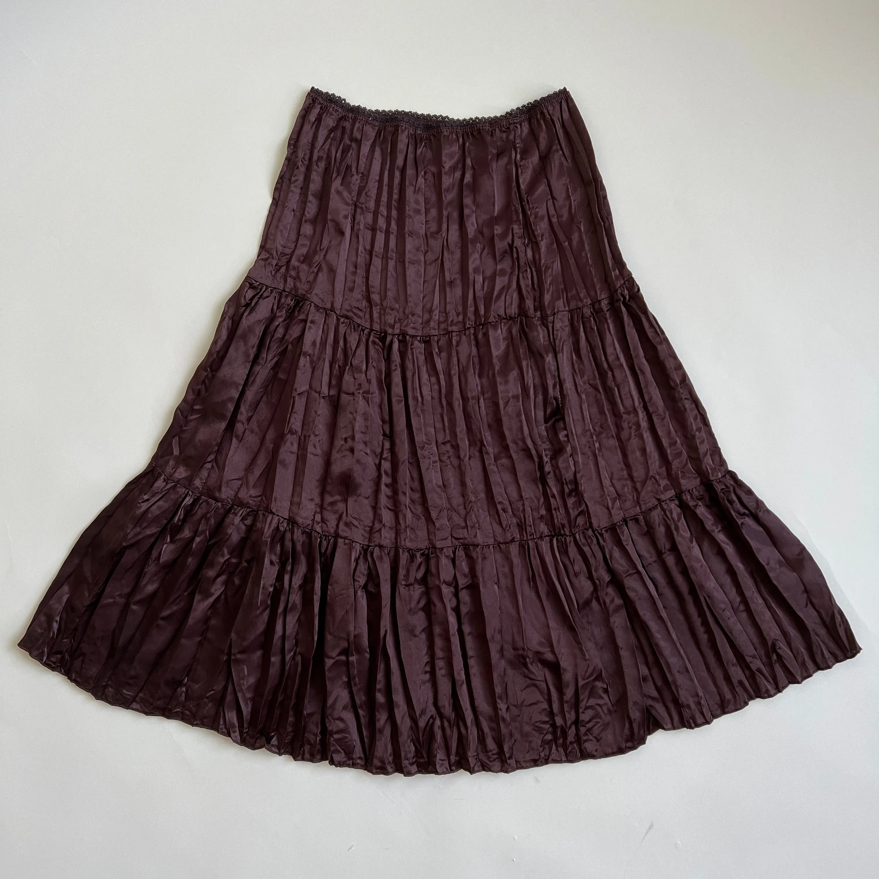 Y2K brown satin pleated midi skirt - M/L